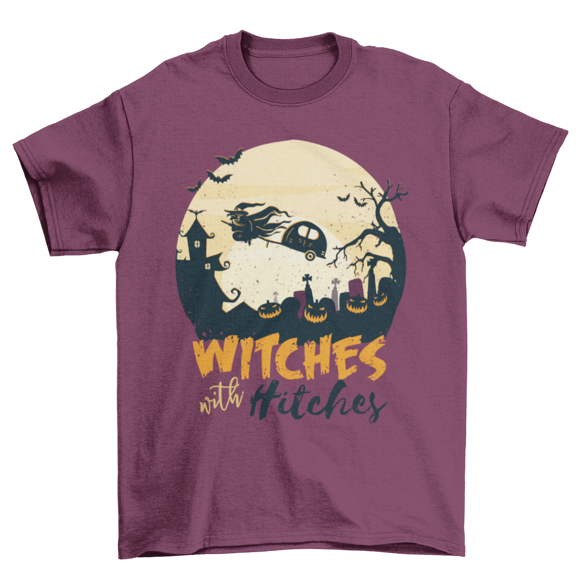 A Halloween-themed t-shirt featuring a witch hitching a caravan flying over a graveyard with jack-o-lanterns and a full moon.