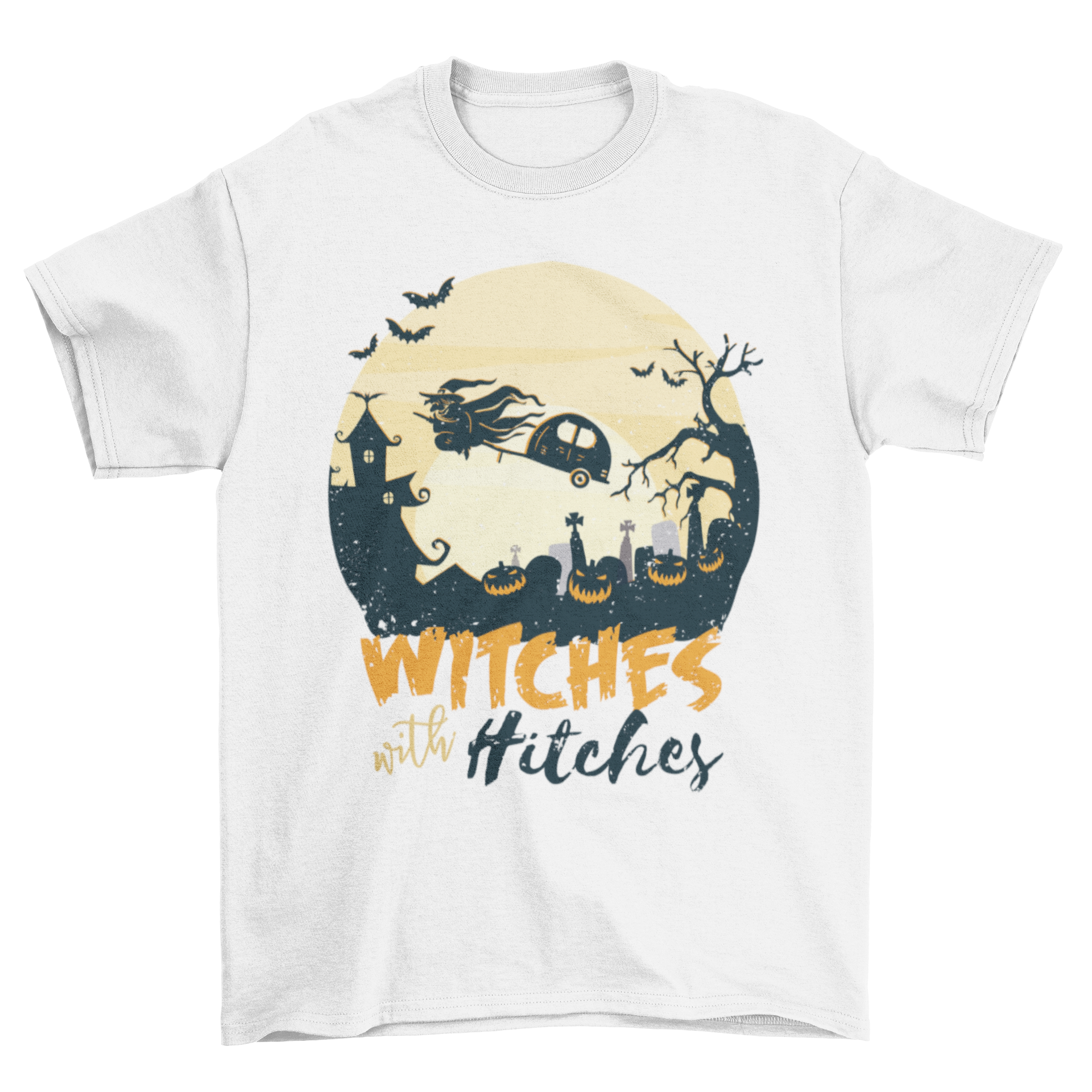 A Halloween-themed t-shirt featuring a witch hitching a caravan flying over a graveyard with jack-o-lanterns and a full moon.