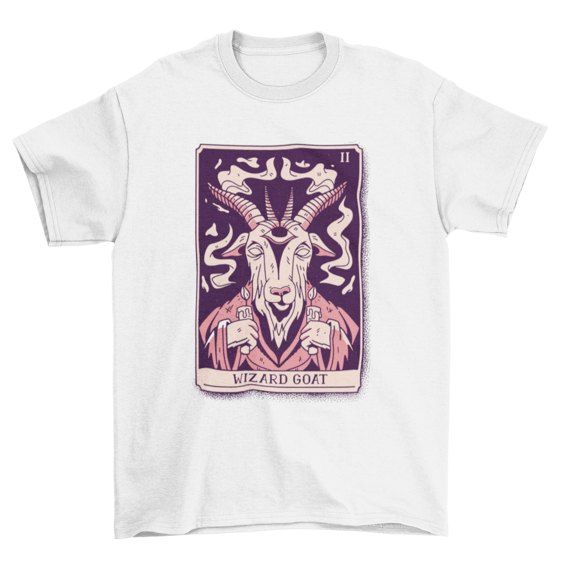 A mystical wizard goat illustrated in tarot card style on a t-shirt, showcasing vibrant colors and intricate details.
