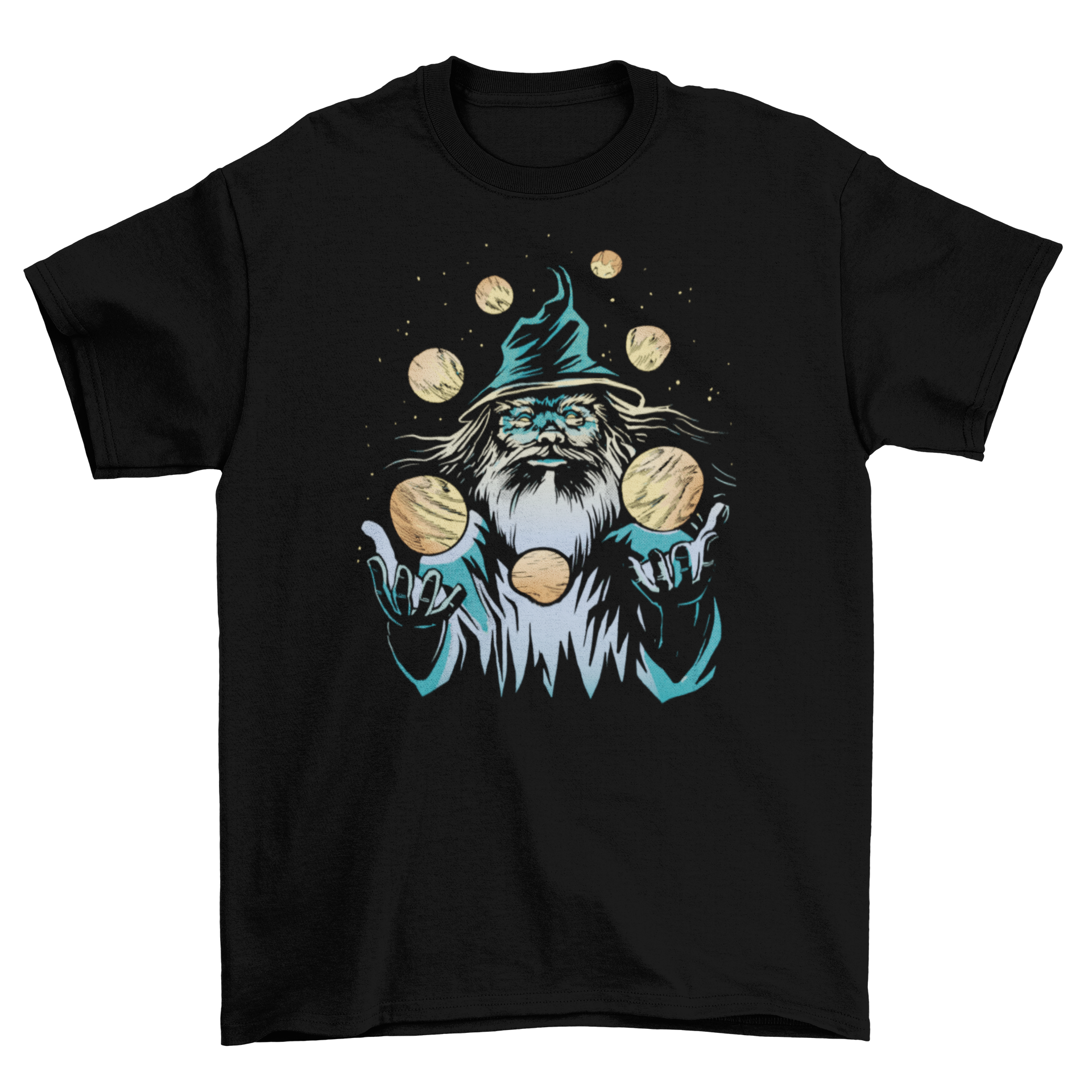 A whimsical t-shirt featuring a wizard juggling colorful planets in a cosmic scene.