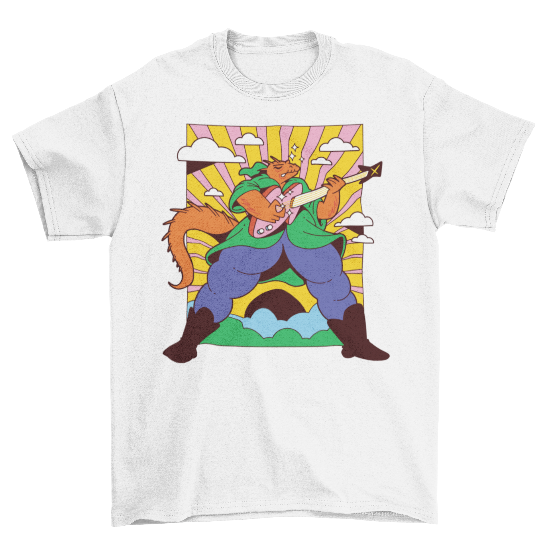 A vibrant t-shirt featuring a lizard playing guitar with a retro psychedelic background.
