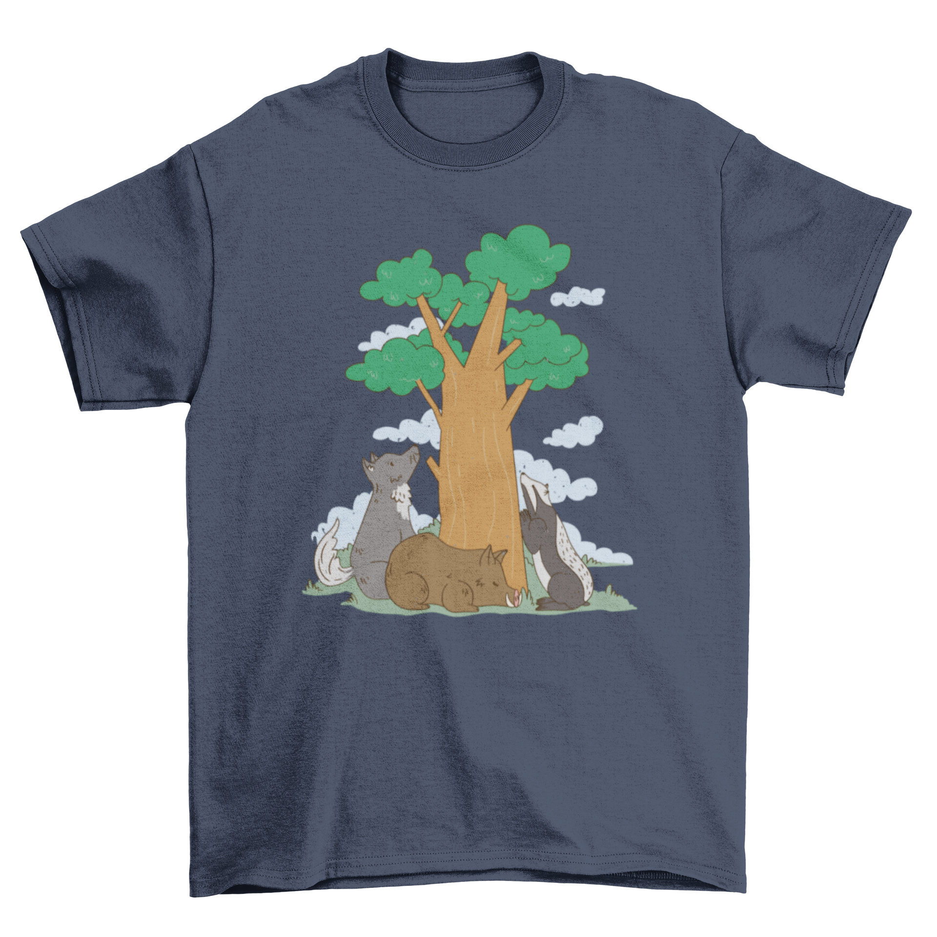 A stylish t-shirt featuring a skunk, wolf, and boar design in front of a tree, perfect for animal lovers.