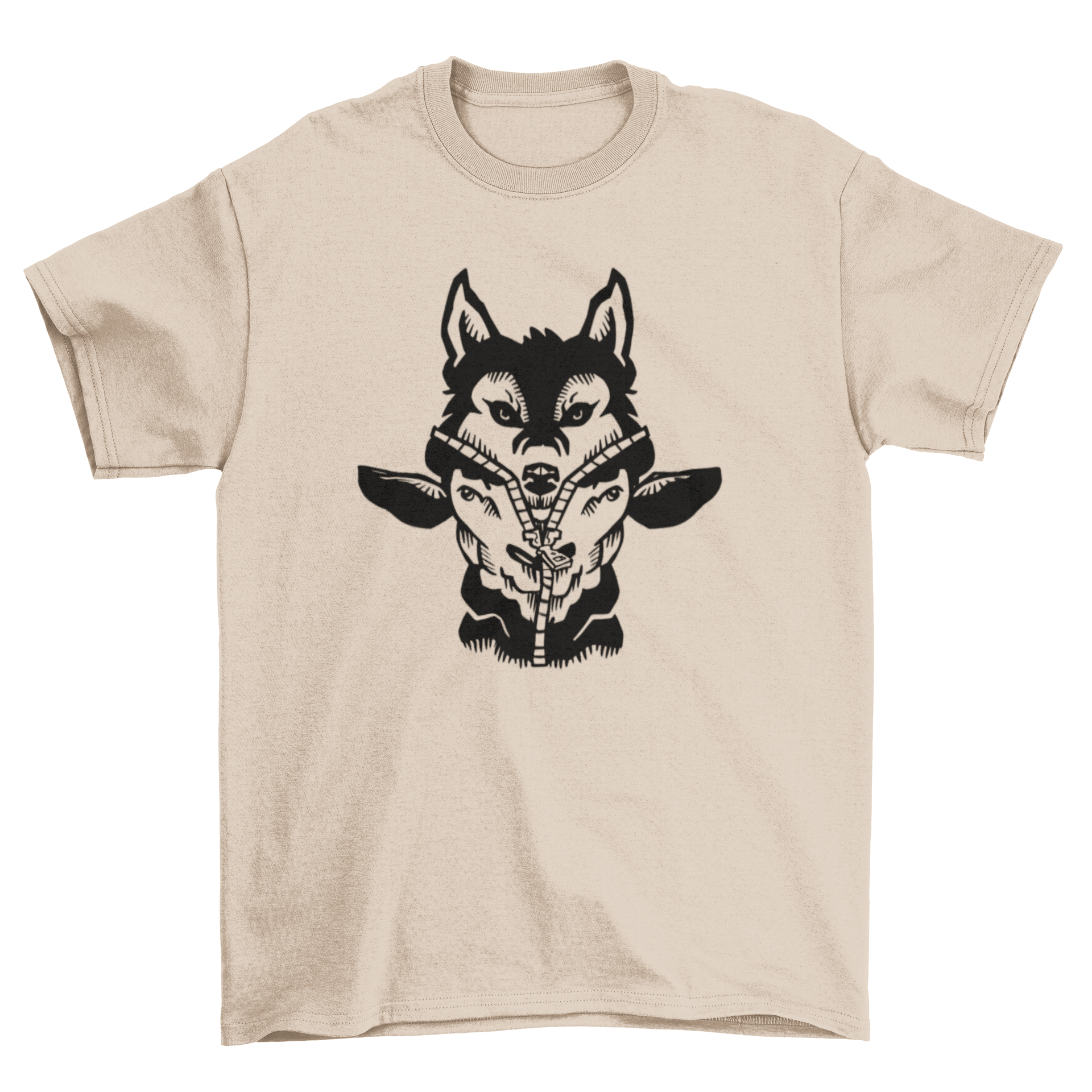 A stylish t-shirt featuring a wolf cleverly disguised in sheep's clothing, showcasing a unique and creative design.
