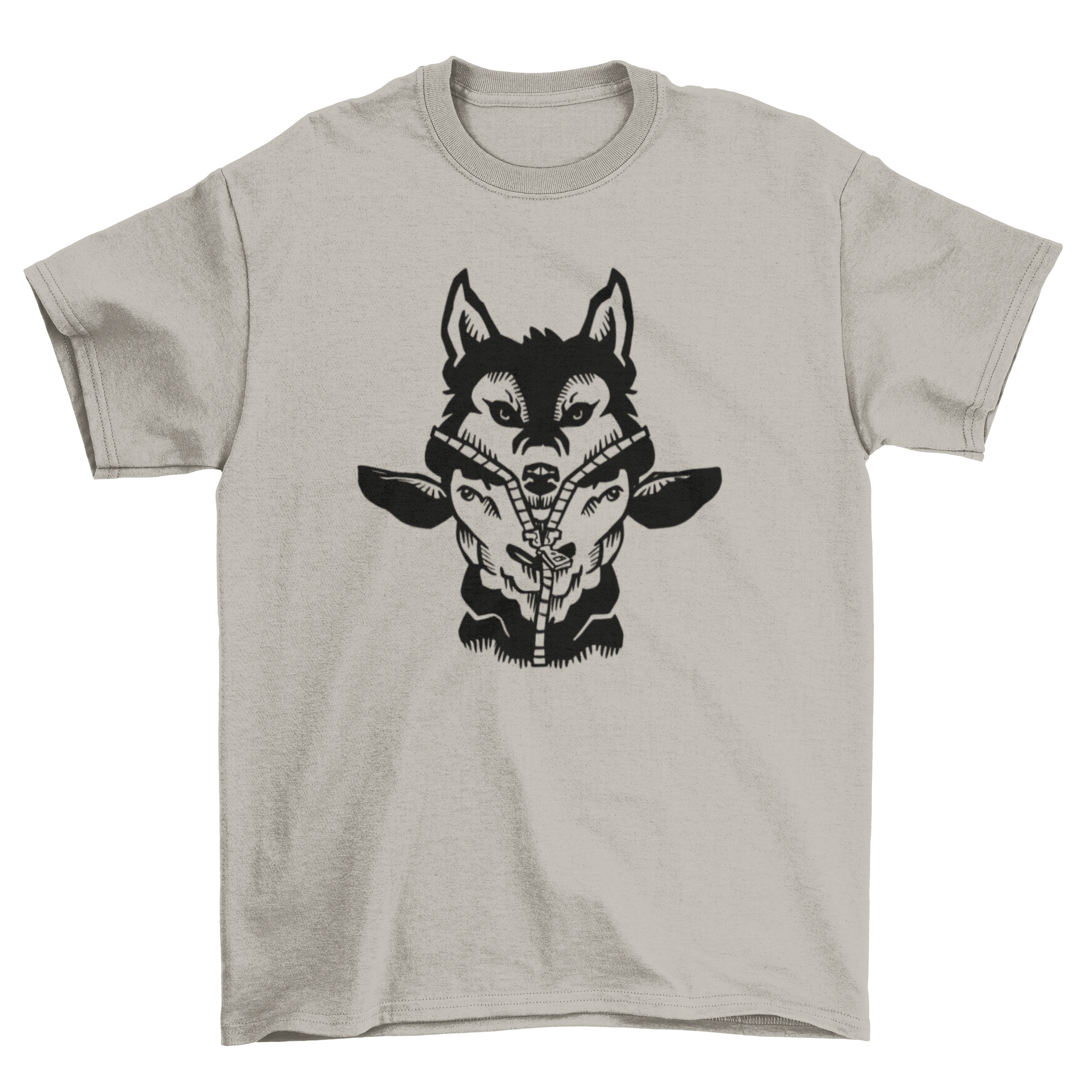 A stylish t-shirt featuring a wolf cleverly disguised in sheep's clothing, showcasing a unique and creative design.