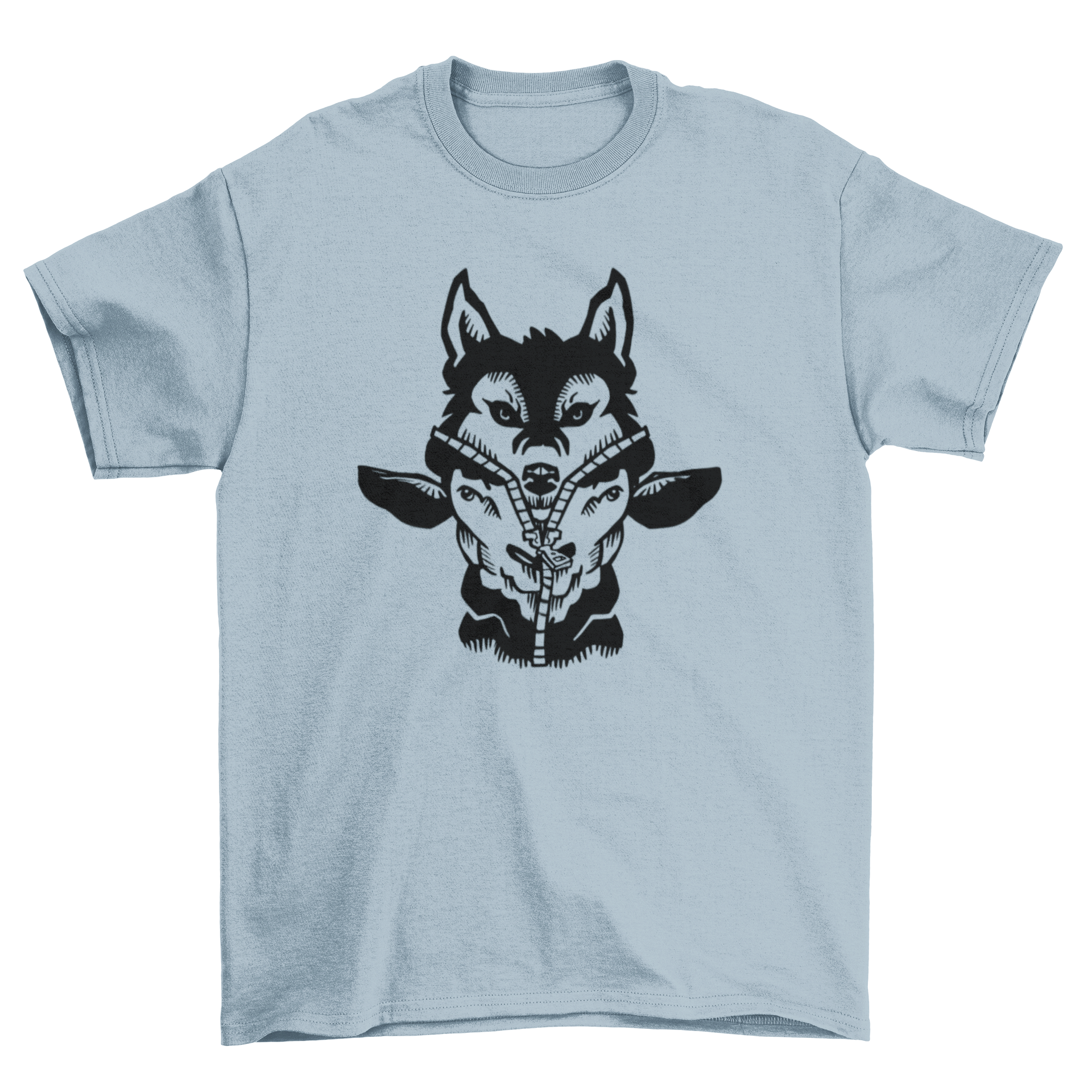 A stylish t-shirt featuring a wolf cleverly disguised in sheep's clothing, showcasing a unique and creative design.