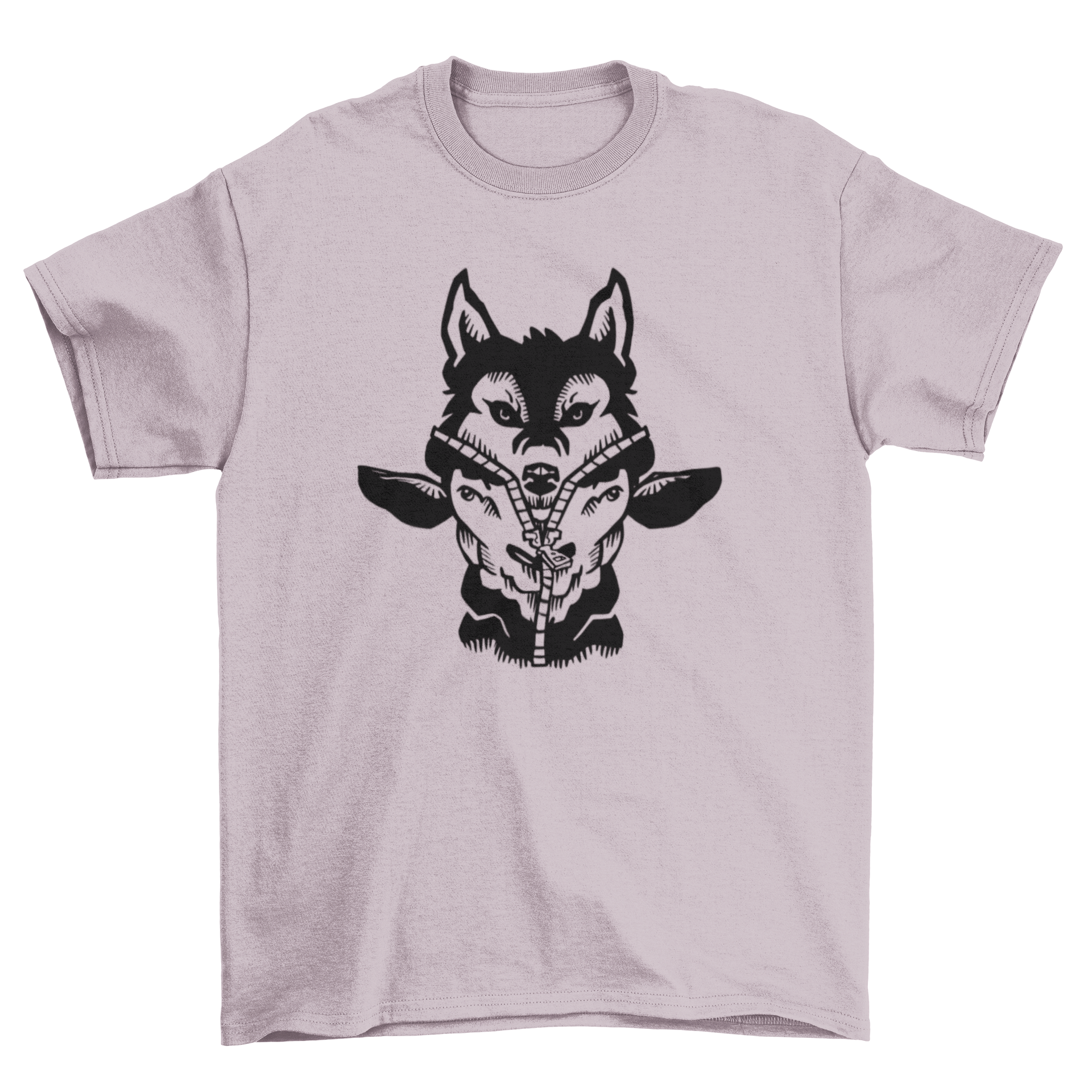 A stylish t-shirt featuring a wolf cleverly disguised in sheep's clothing, showcasing a unique and creative design.