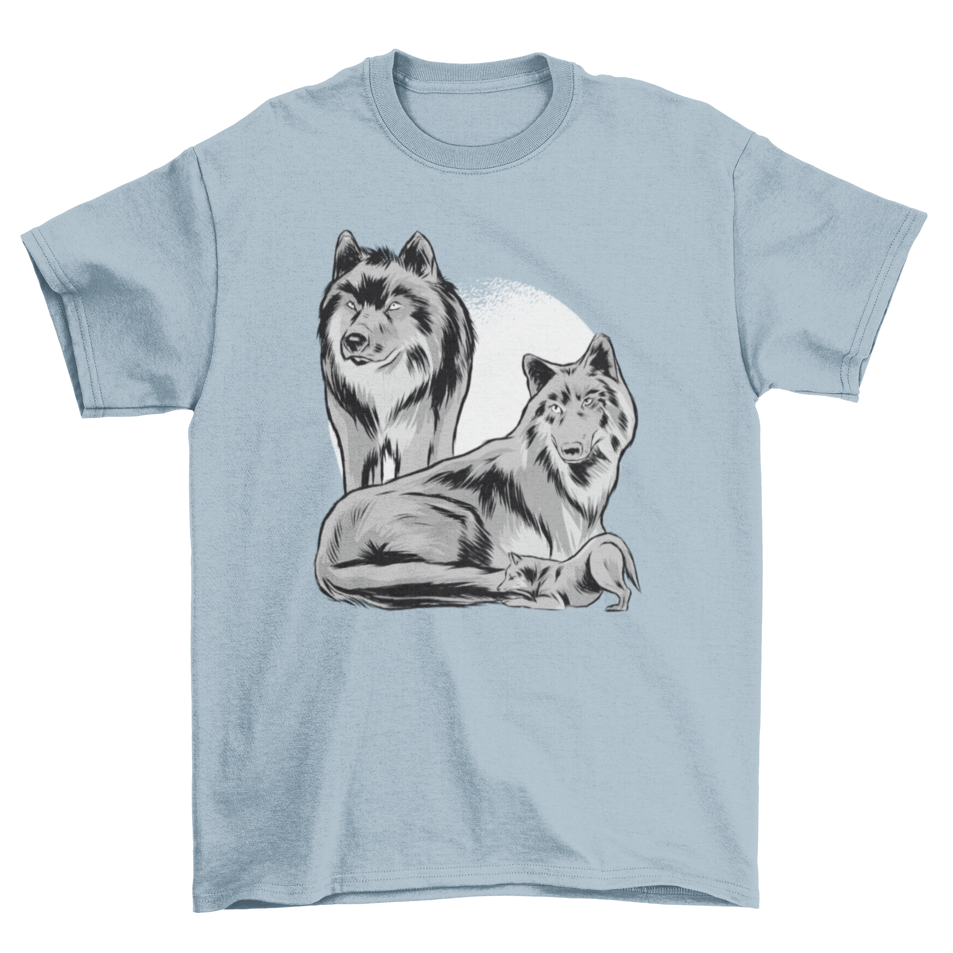 A stylish Wolf Family Pack T-shirt featuring an illustration of a wolf family including a wolf dad, wolf mom, and baby wolf.