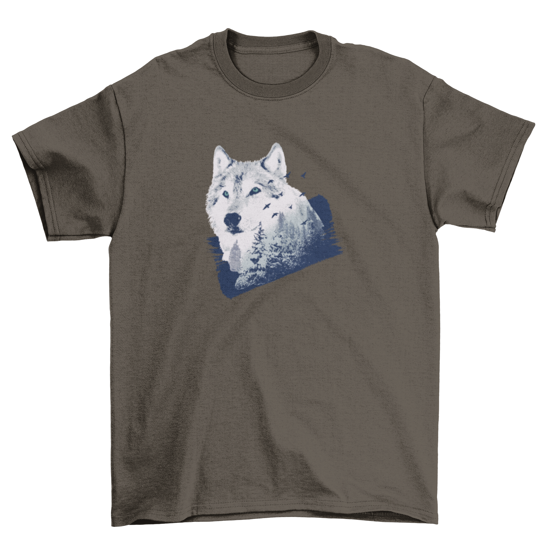Wolf Forest T-Shirt Design featuring a double exposure graphic of a wolf with a snowy forest background, showcasing nature's beauty.
