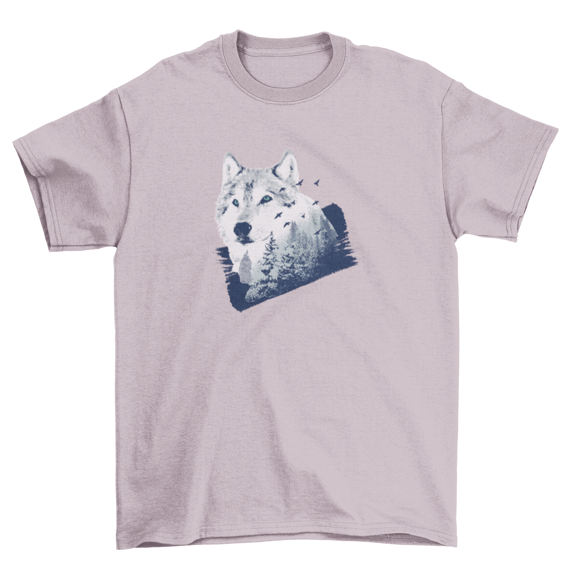 Wolf Forest T-Shirt Design featuring a double exposure graphic of a wolf with a snowy forest background, showcasing nature's beauty.