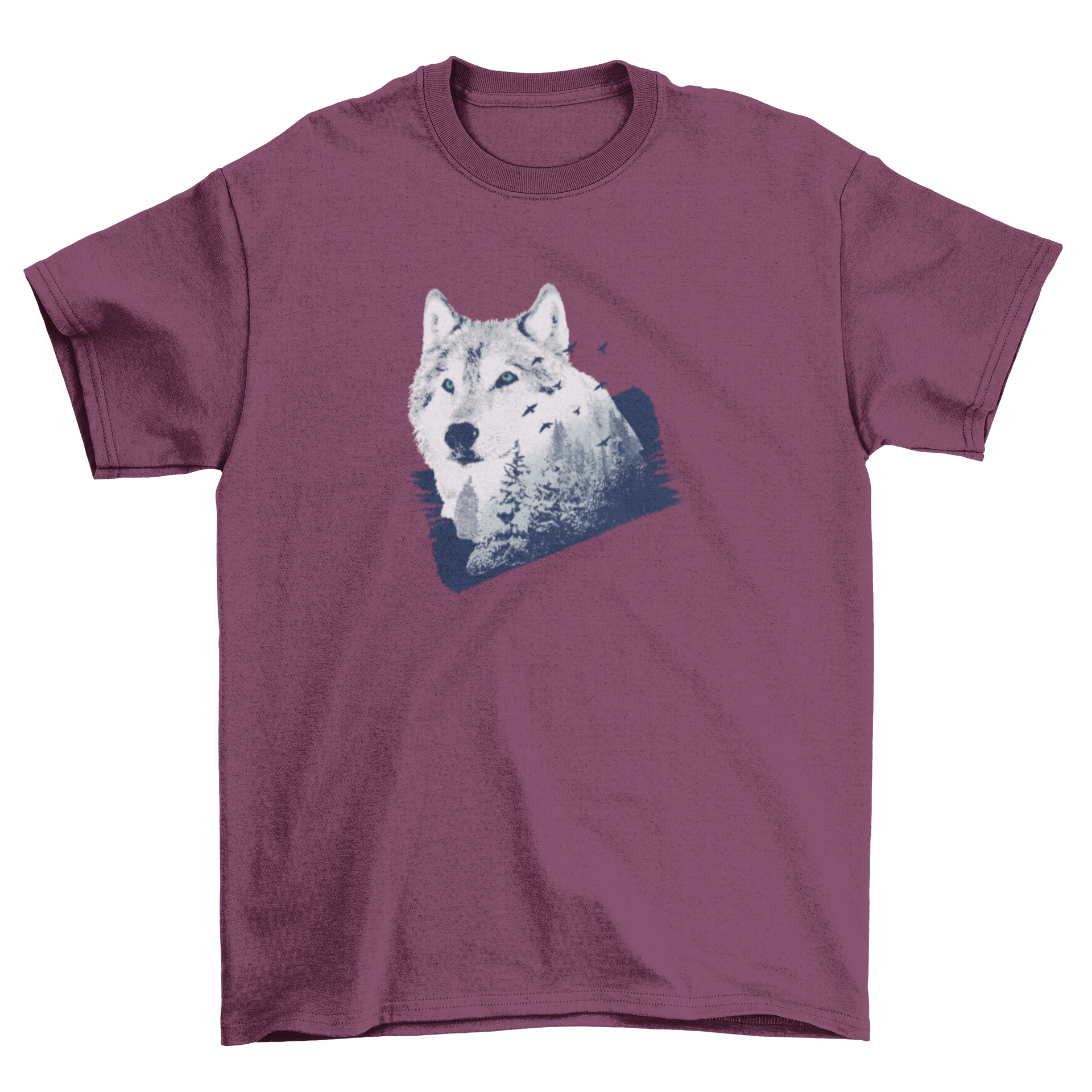 Wolf Forest T-Shirt Design featuring a double exposure graphic of a wolf with a snowy forest background, showcasing nature's beauty.