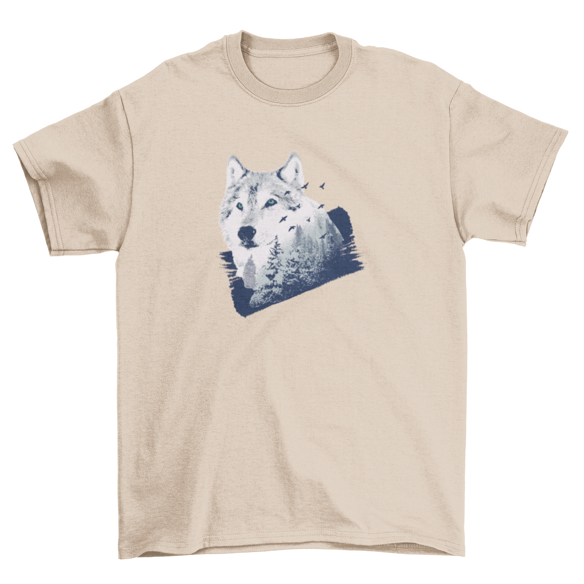 Wolf Forest T-Shirt Design featuring a double exposure graphic of a wolf with a snowy forest background, showcasing nature's beauty.