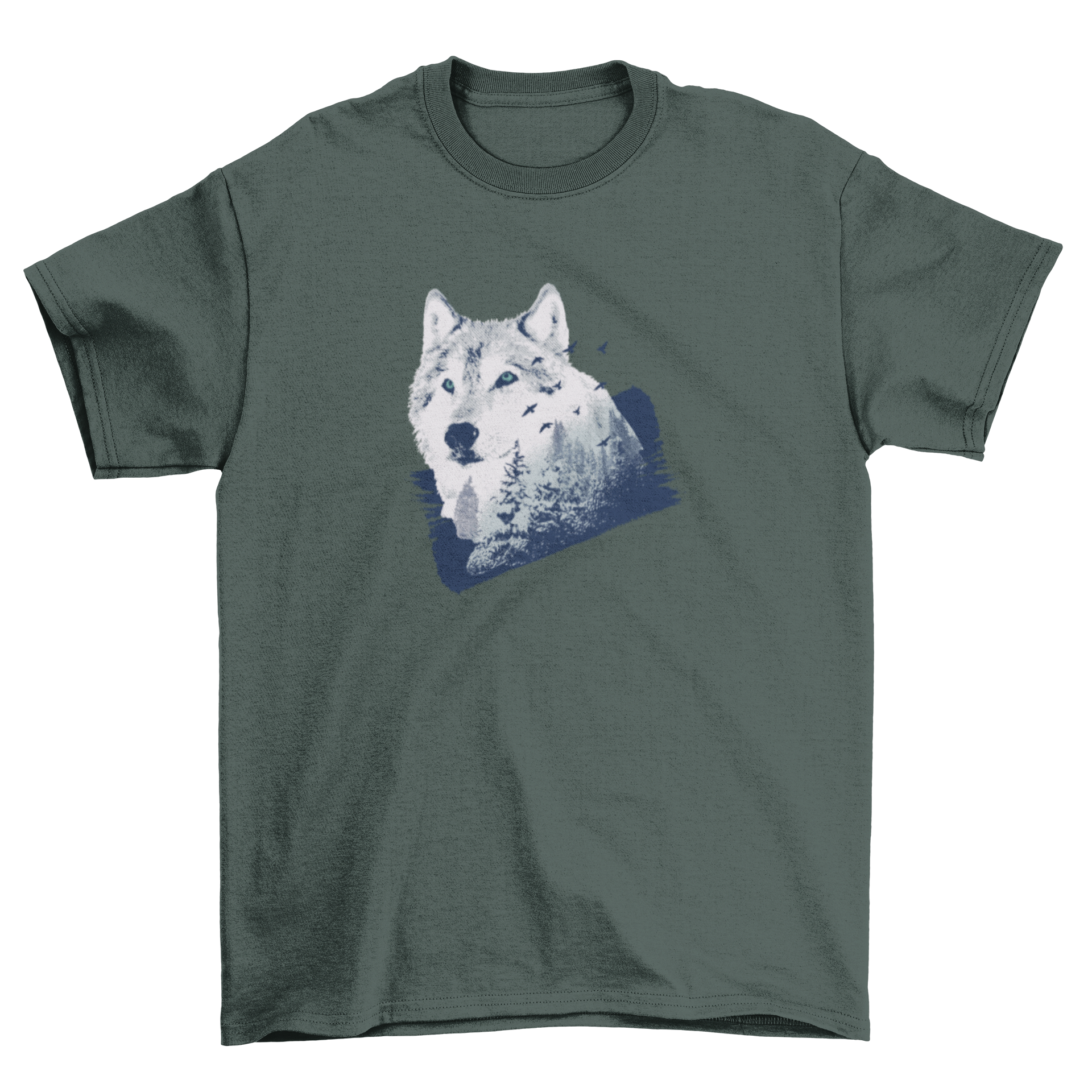 Wolf Forest T-Shirt Design featuring a double exposure graphic of a wolf with a snowy forest background, showcasing nature's beauty.