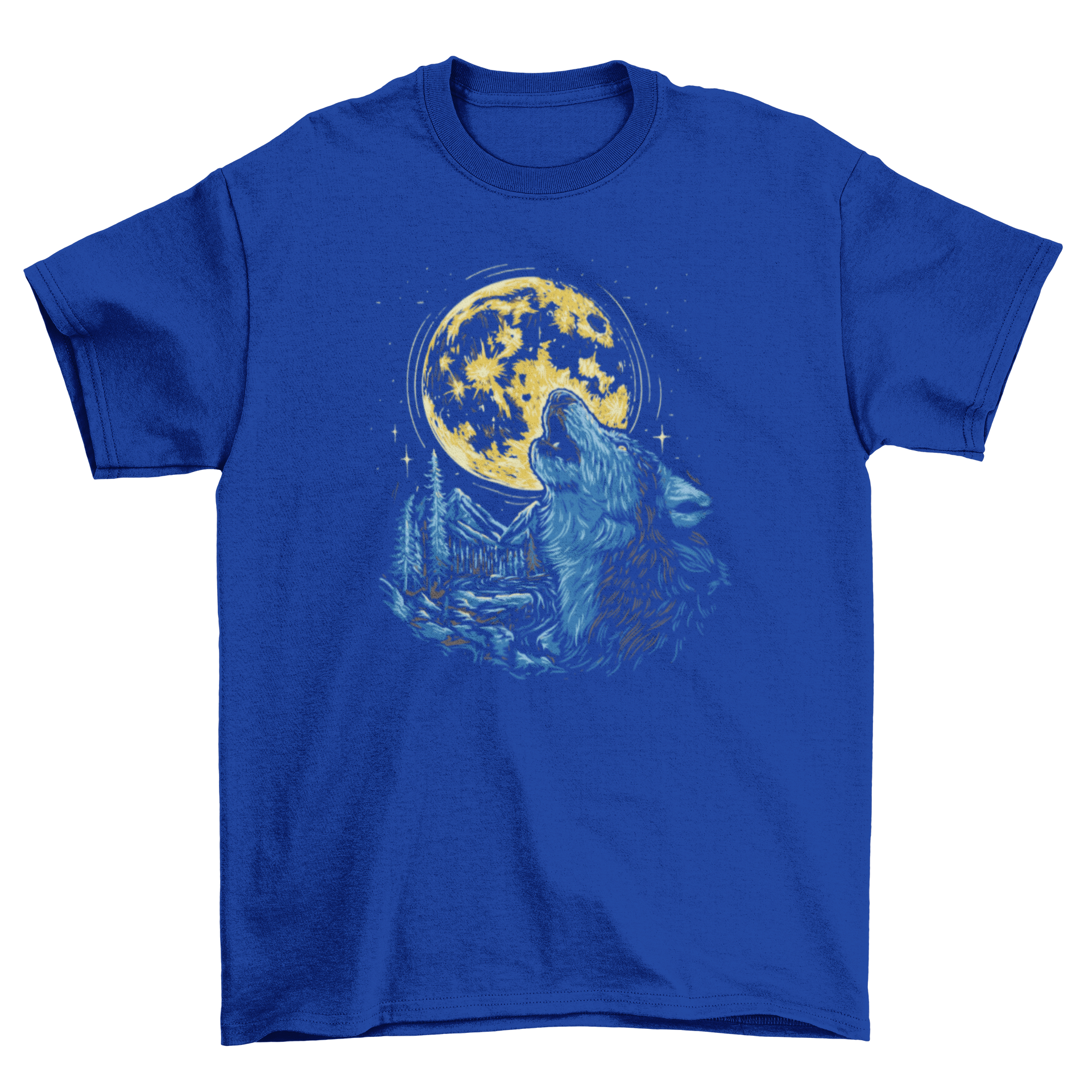 A stylish t-shirt featuring a wolf howling at a full moon, showcasing vibrant colors and intricate design.