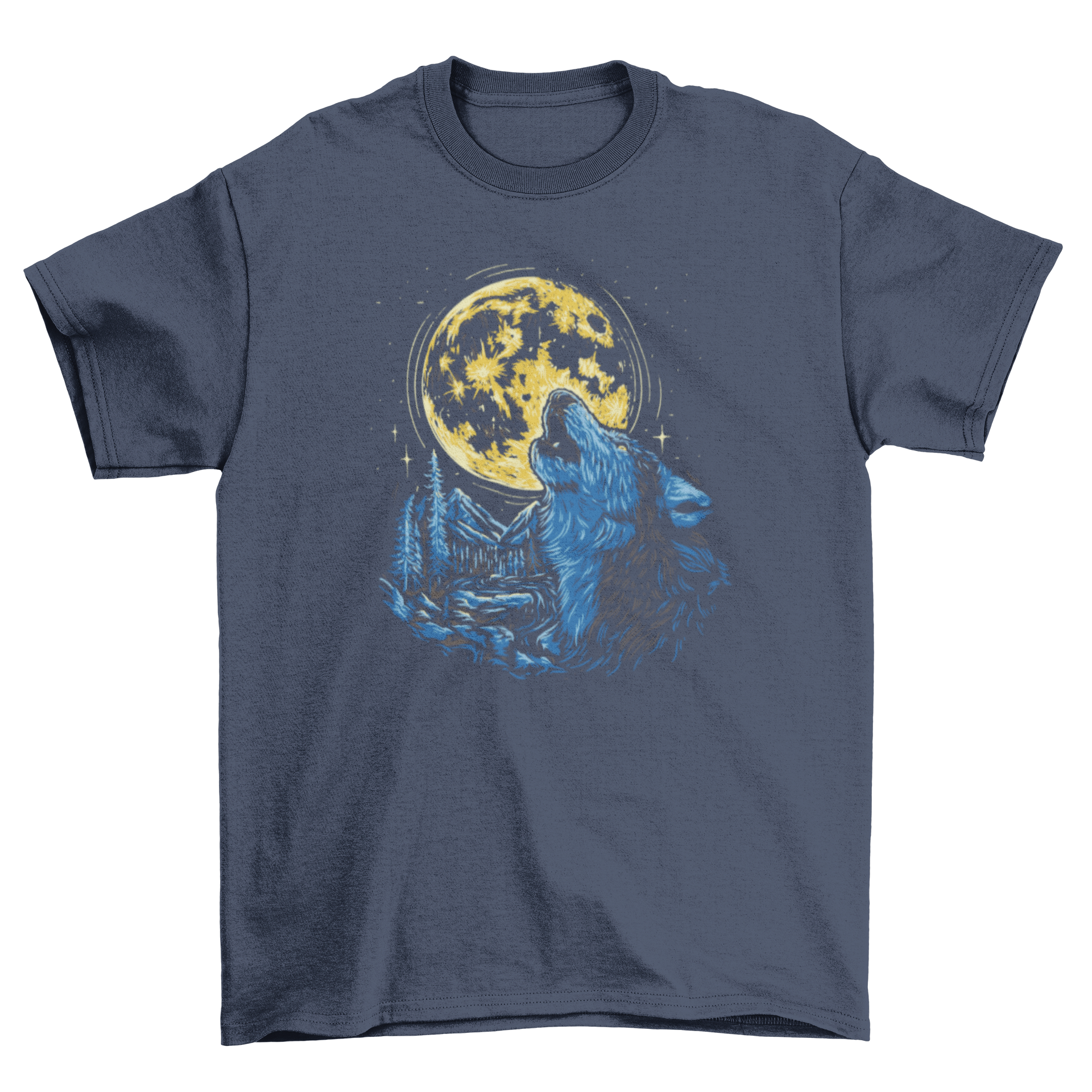 A stylish t-shirt featuring a wolf howling at a full moon, showcasing vibrant colors and intricate design.