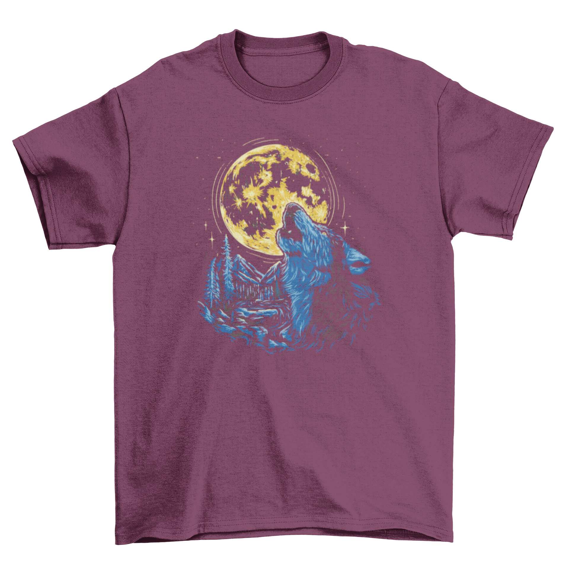 A stylish t-shirt featuring a wolf howling at a full moon, showcasing vibrant colors and intricate design.