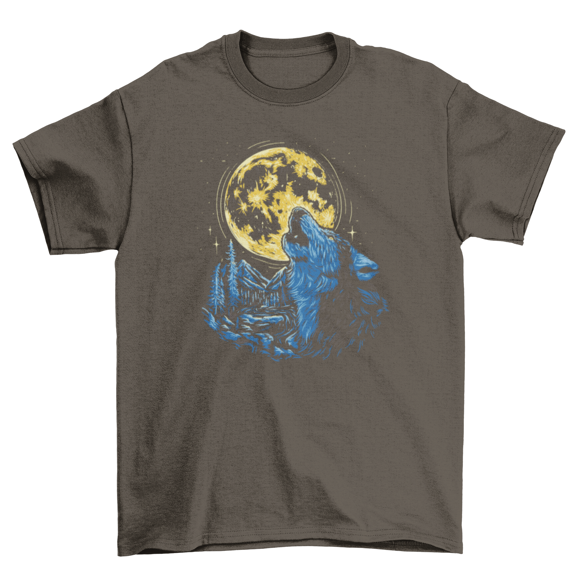 A stylish t-shirt featuring a wolf howling at a full moon, showcasing vibrant colors and intricate design.