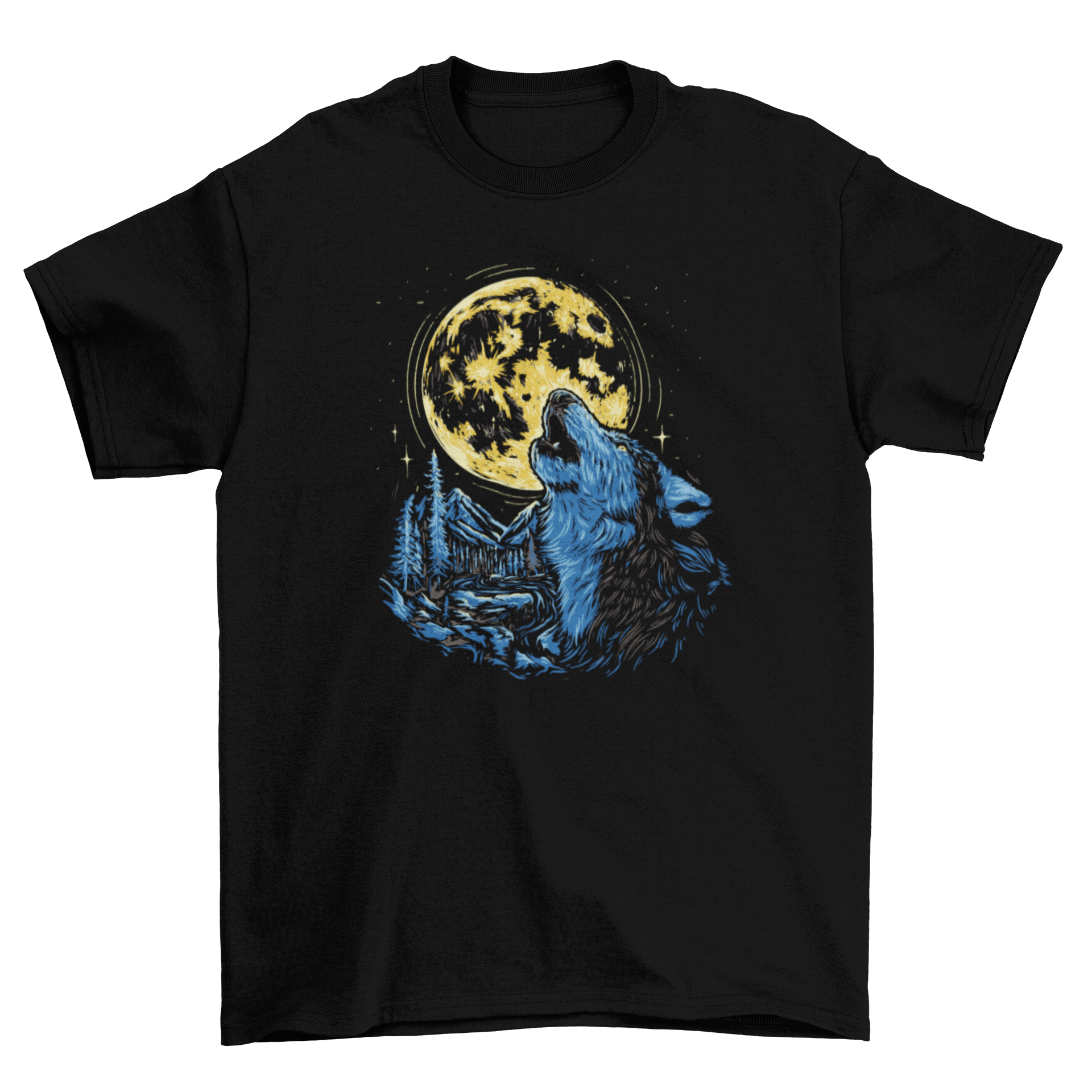 A stylish t-shirt featuring a wolf howling at a full moon, showcasing vibrant colors and intricate design.