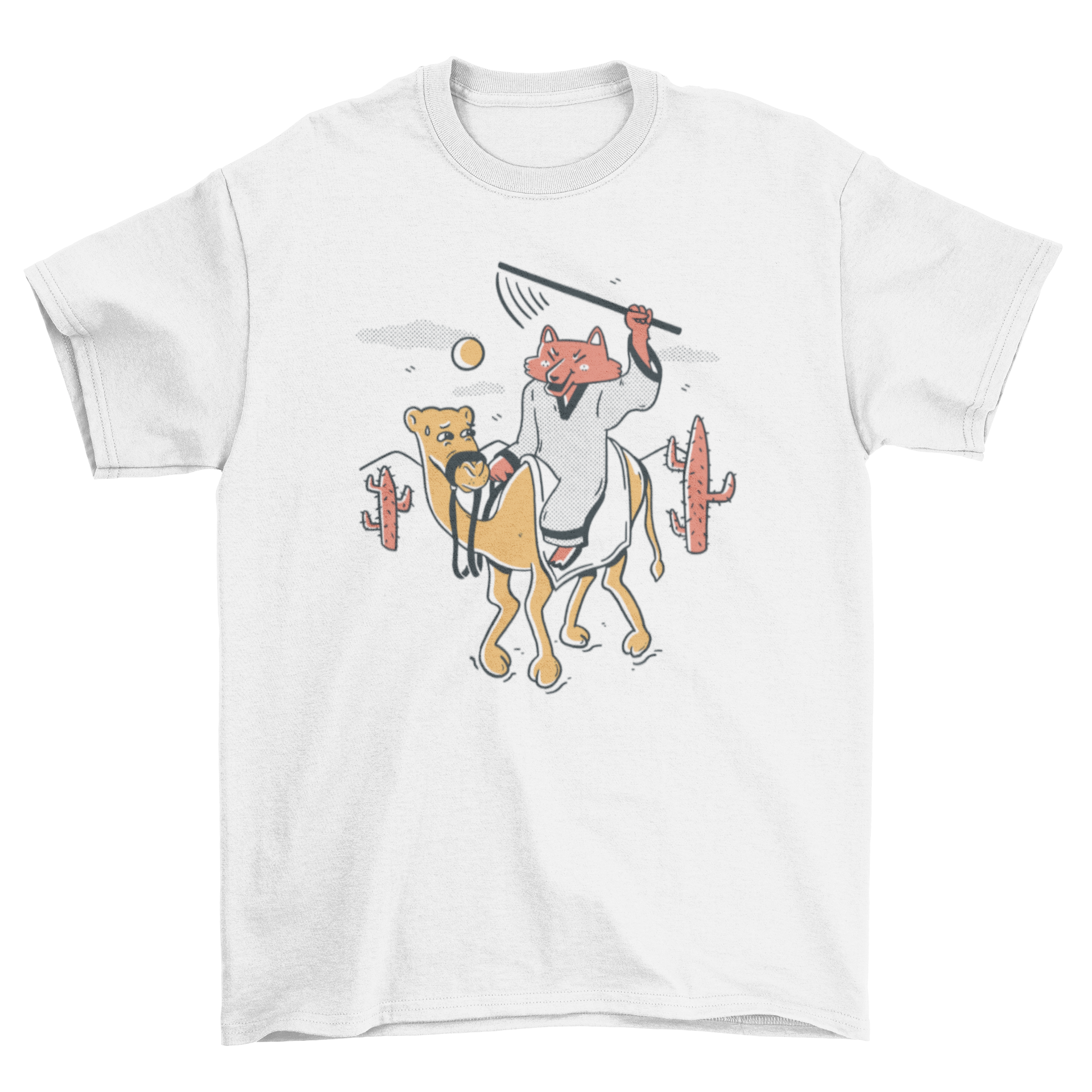 A whimsical t-shirt featuring a wolf character riding a camel, showcasing vibrant colors and intricate design.