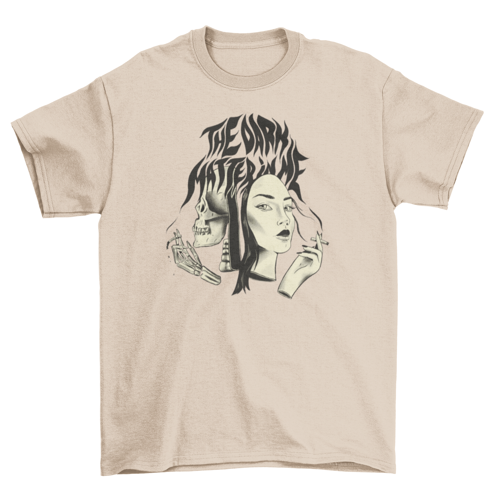 A stylish t-shirt featuring a woman and a skeleton smoking, with the quote 'The dark matter in me' printed on it.