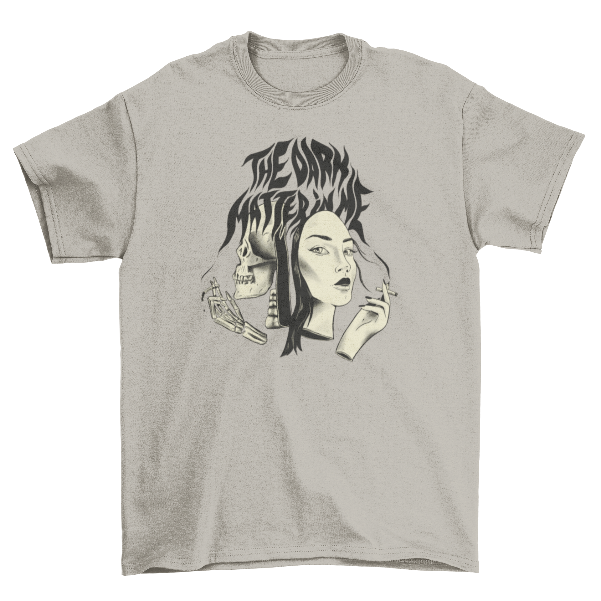 A stylish t-shirt featuring a woman and a skeleton smoking, with the quote 'The dark matter in me' printed on it.
