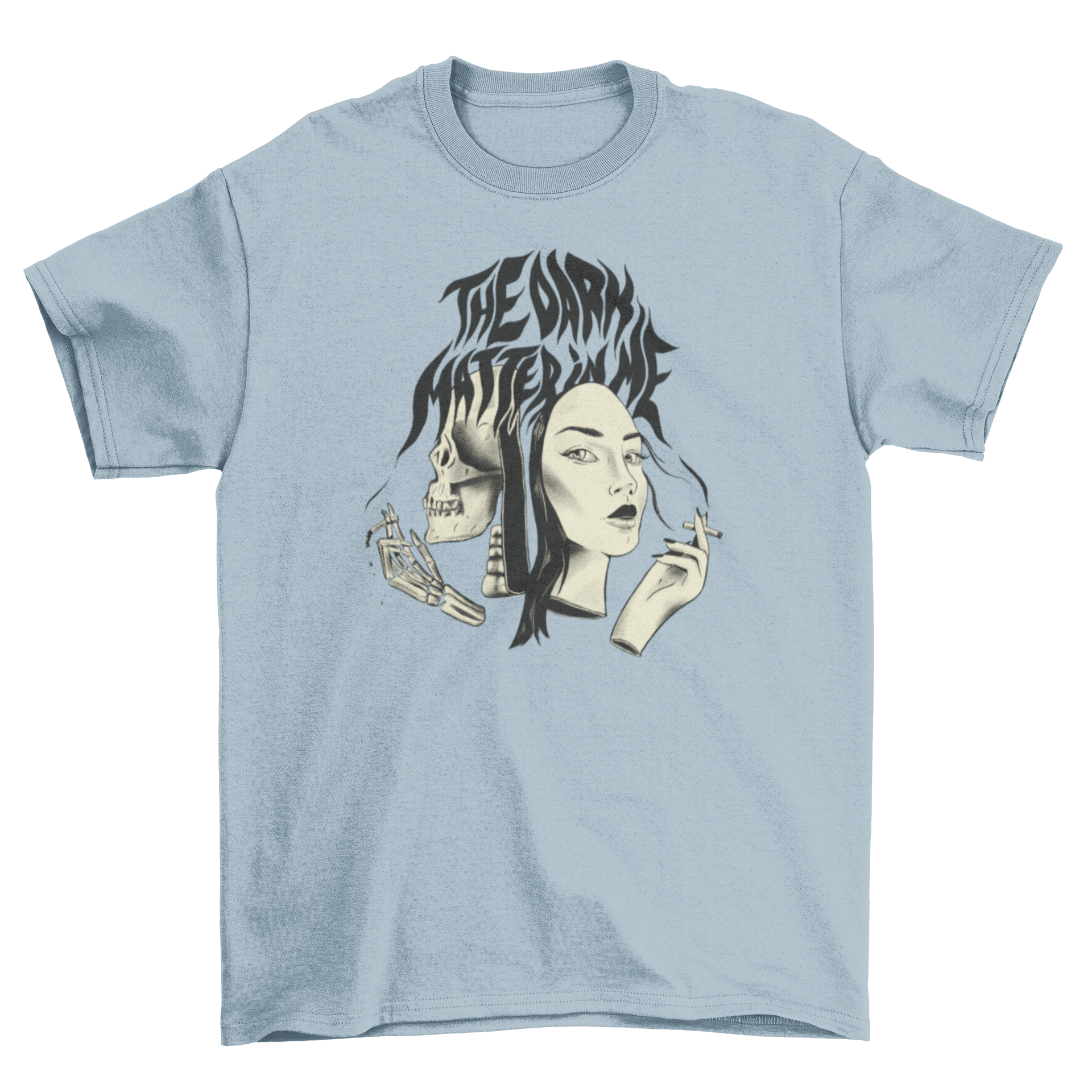 A stylish t-shirt featuring a woman and a skeleton smoking, with the quote 'The dark matter in me' printed on it.