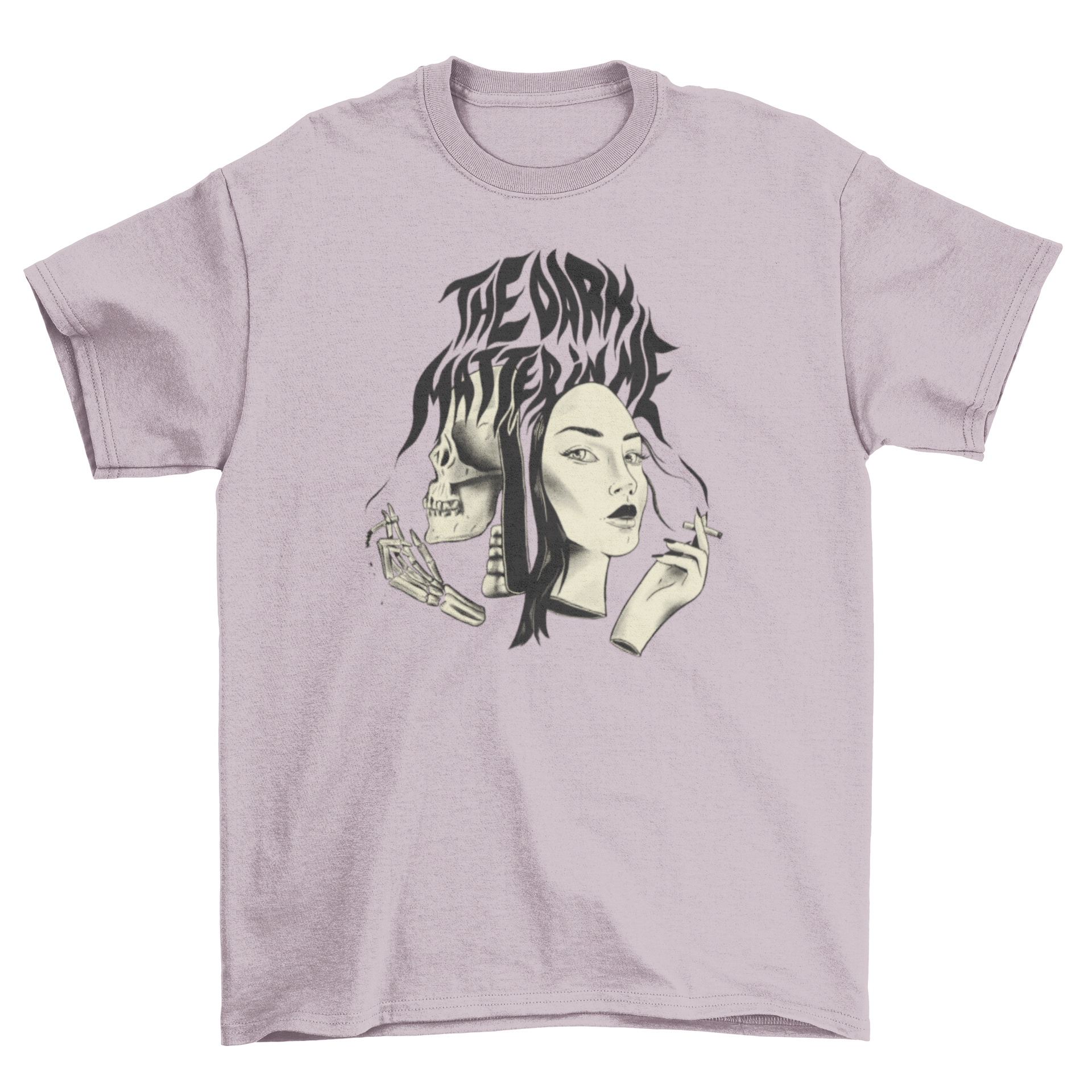 A stylish t-shirt featuring a woman and a skeleton smoking, with the quote 'The dark matter in me' printed on it.