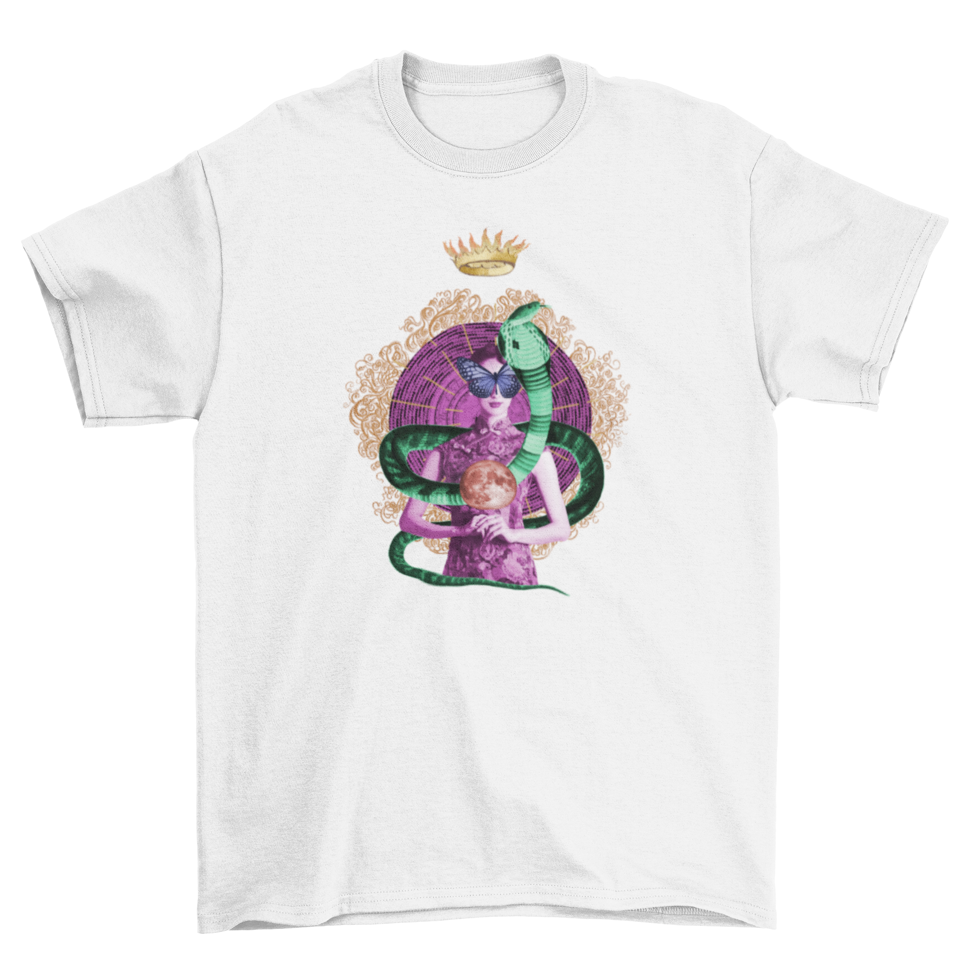 A vibrant psychedelic t-shirt featuring a woman entwined with a snake, adorned with a butterfly, crown, and moon.