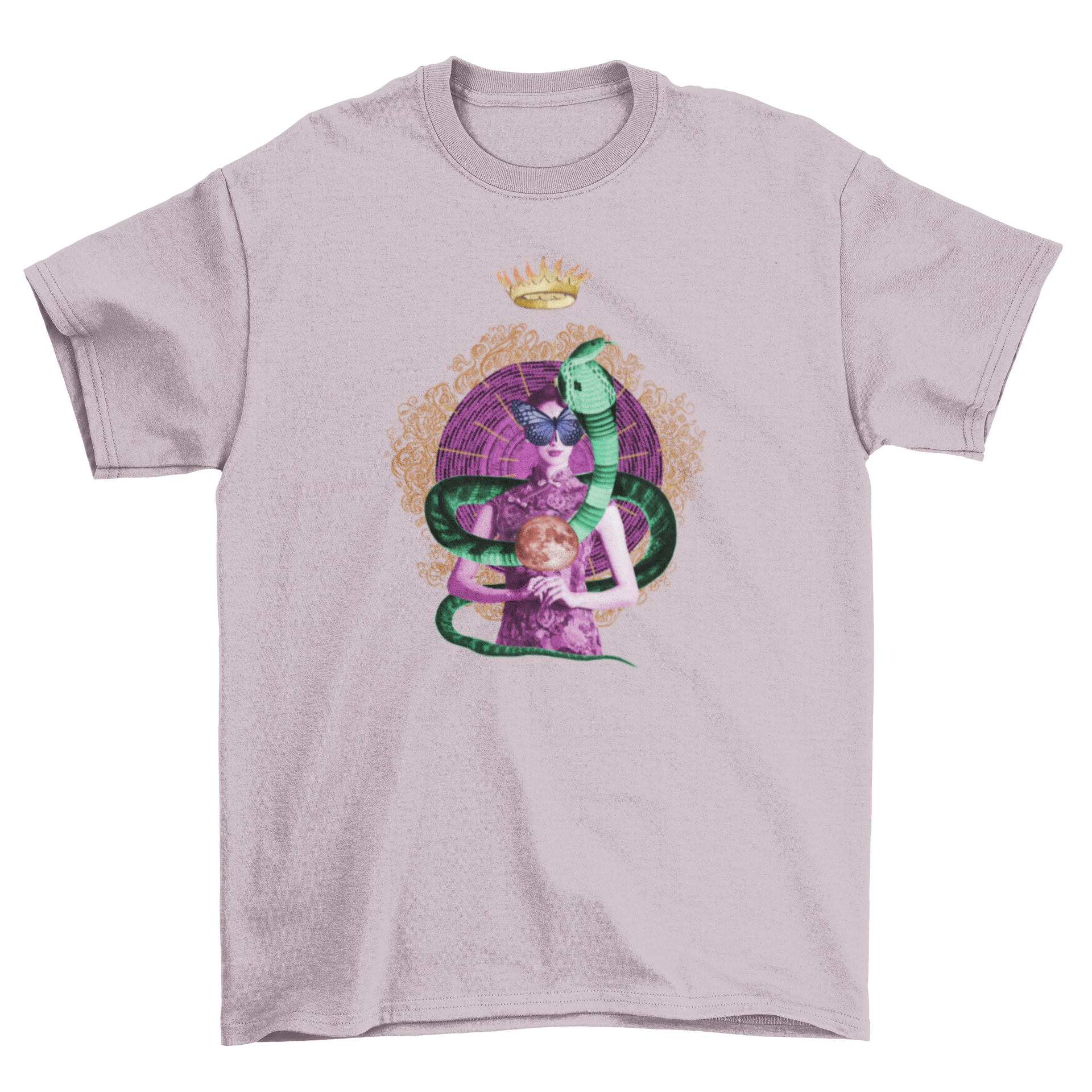 A vibrant psychedelic t-shirt featuring a woman entwined with a snake, adorned with a butterfly, crown, and moon.