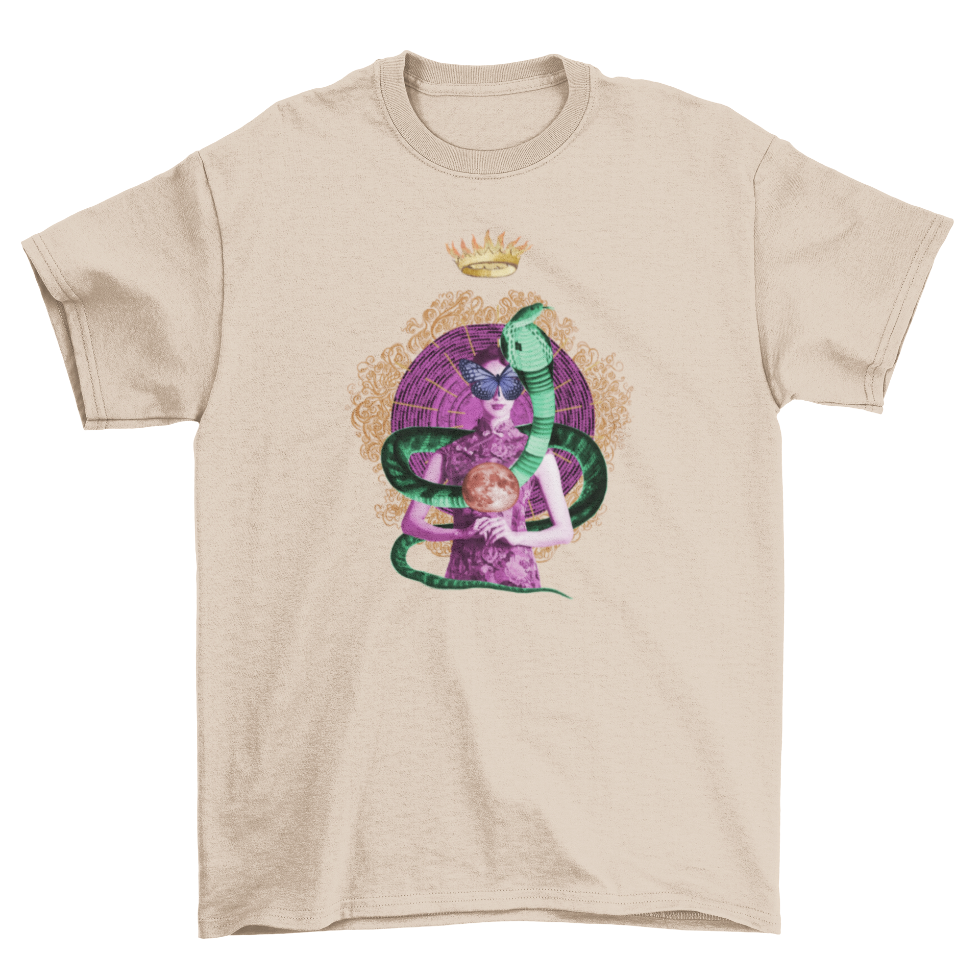 A vibrant psychedelic t-shirt featuring a woman entwined with a snake, adorned with a butterfly, crown, and moon.