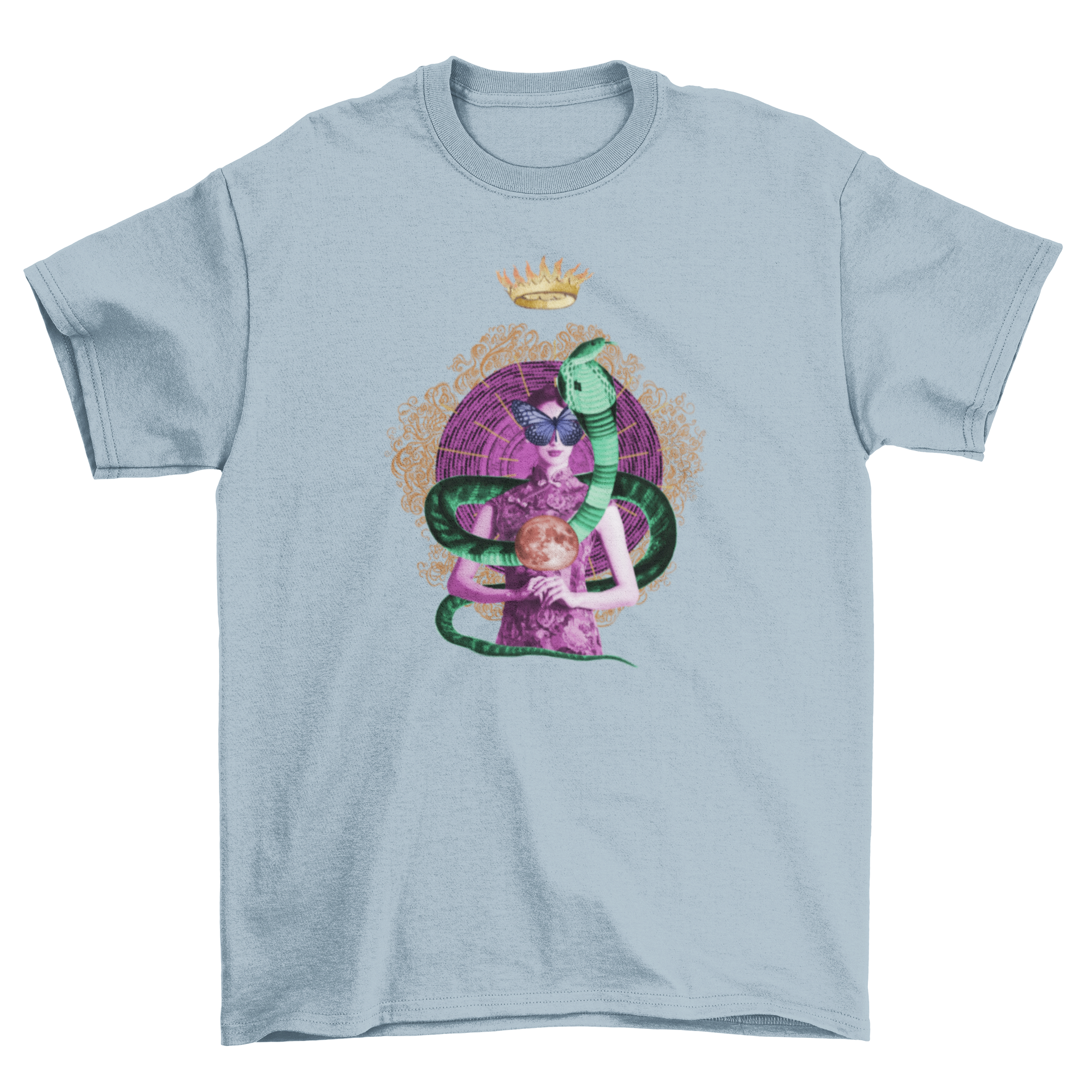 A vibrant psychedelic t-shirt featuring a woman entwined with a snake, adorned with a butterfly, crown, and moon.