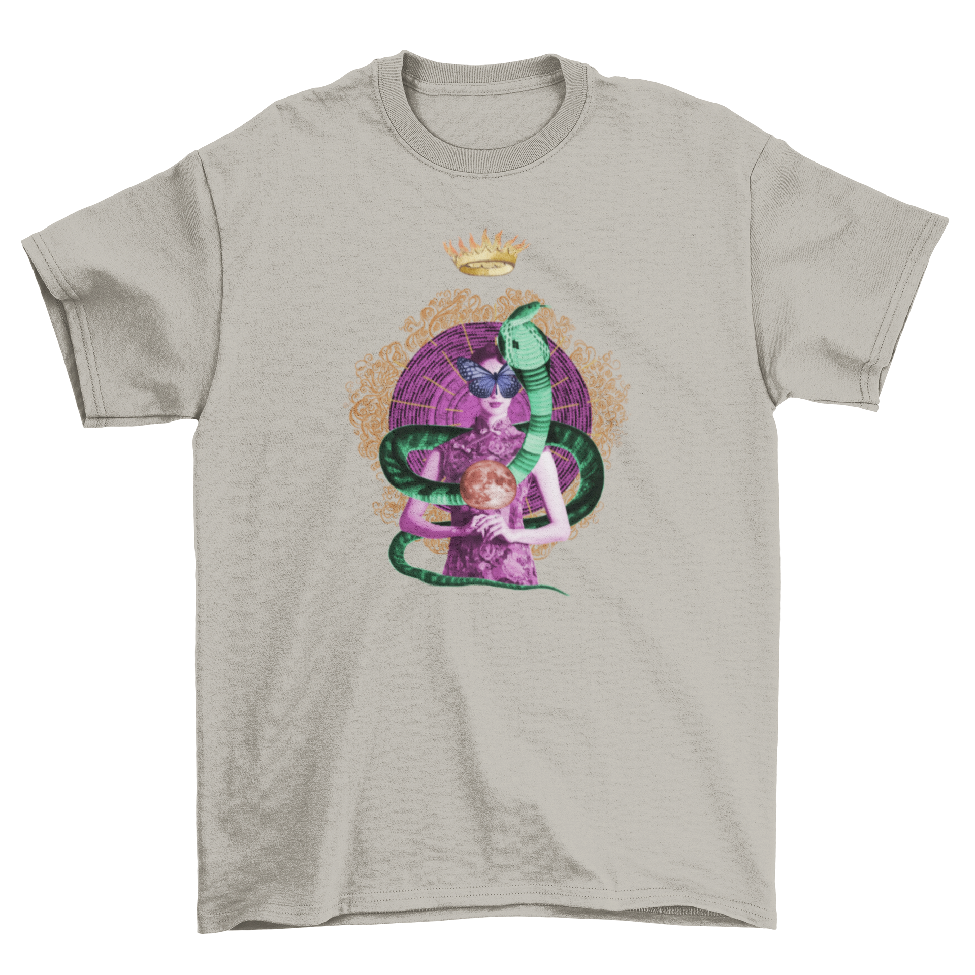 A vibrant psychedelic t-shirt featuring a woman entwined with a snake, adorned with a butterfly, crown, and moon.