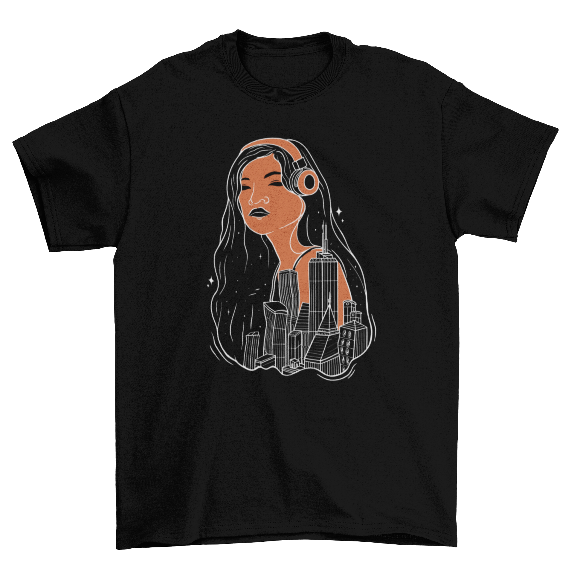 A stylish woman city t-shirt featuring a silhouette of a woman against a city skyline.