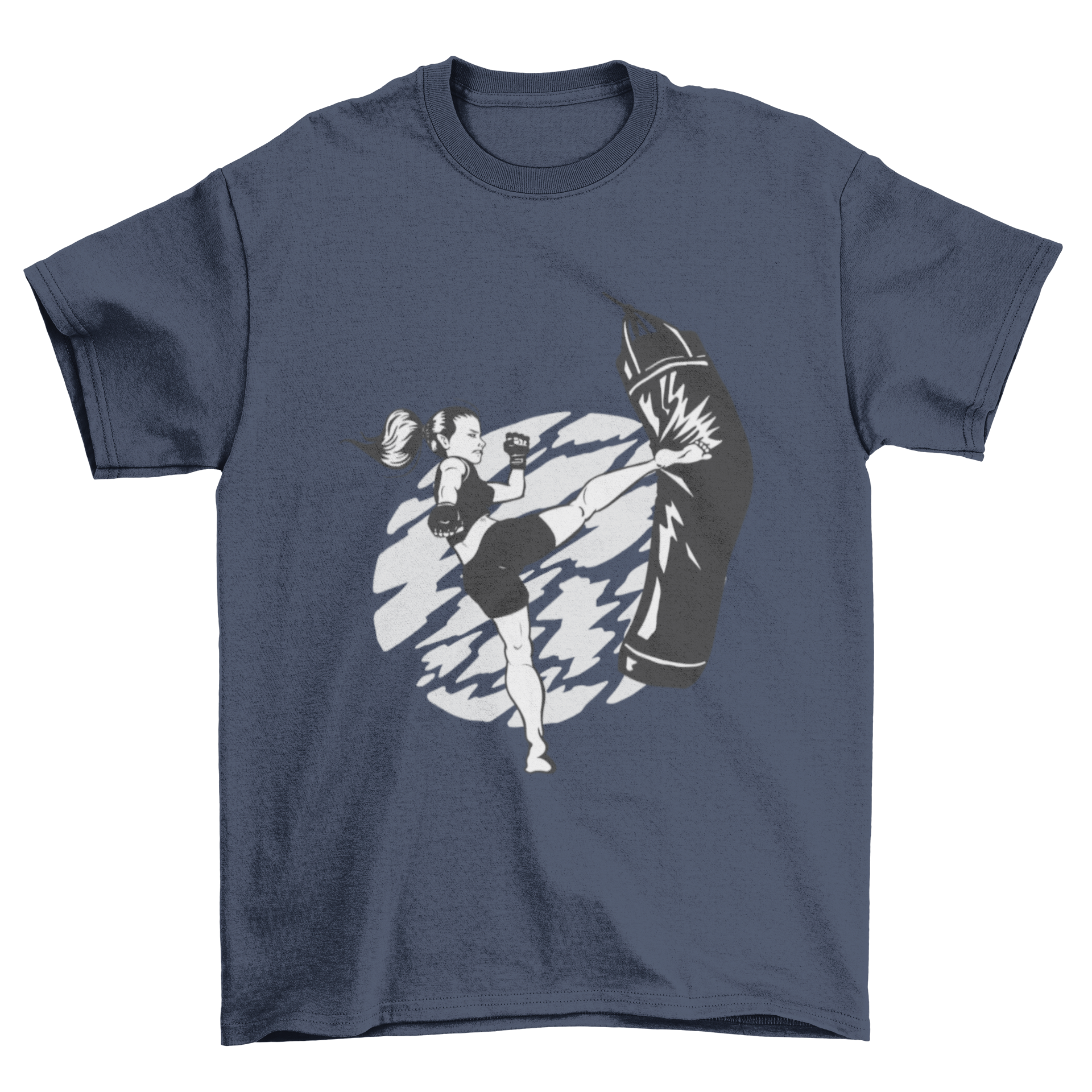 A woman performing a high kick against a punching bag, featured on a stylish t-shirt.