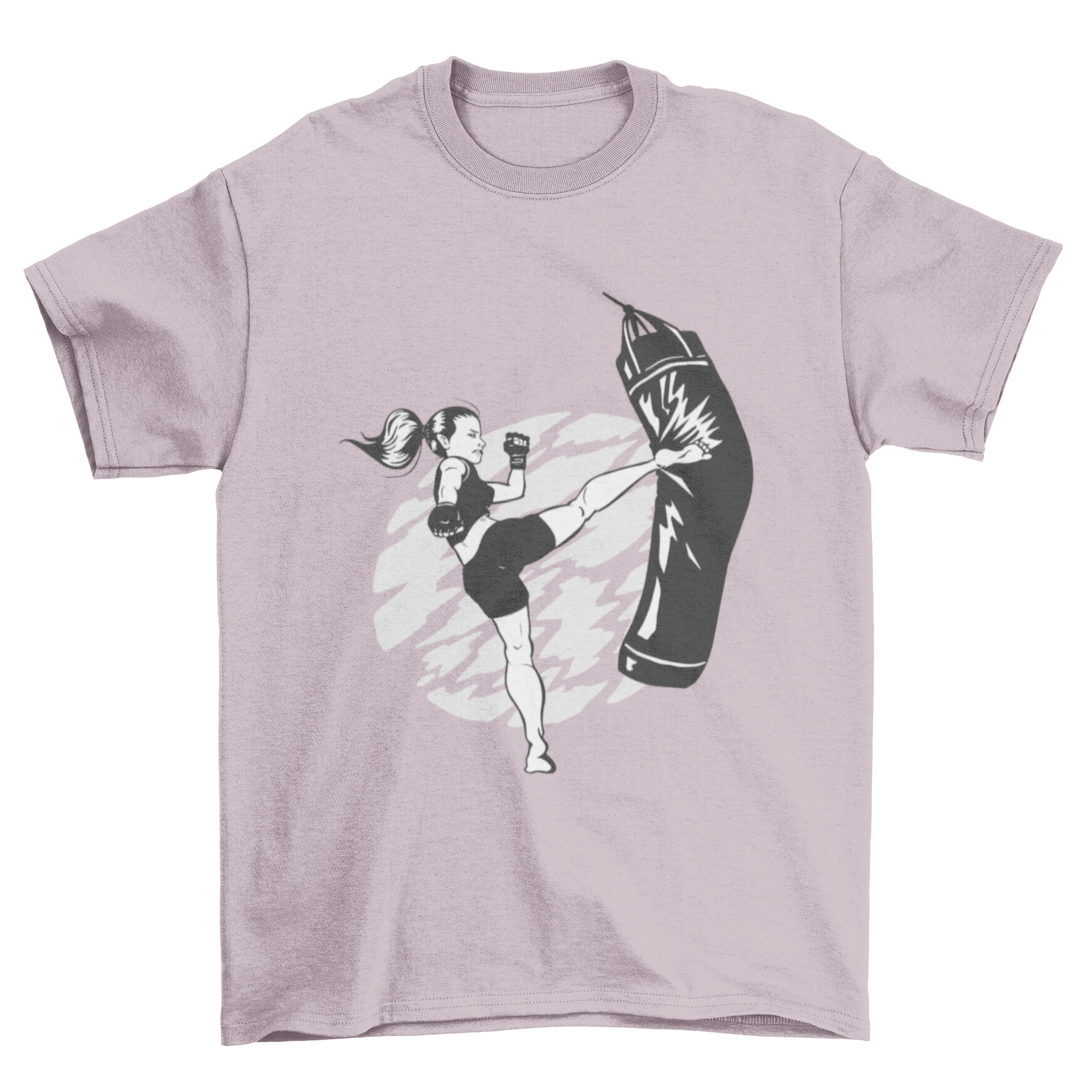 A woman performing a high kick against a punching bag, featured on a stylish t-shirt.