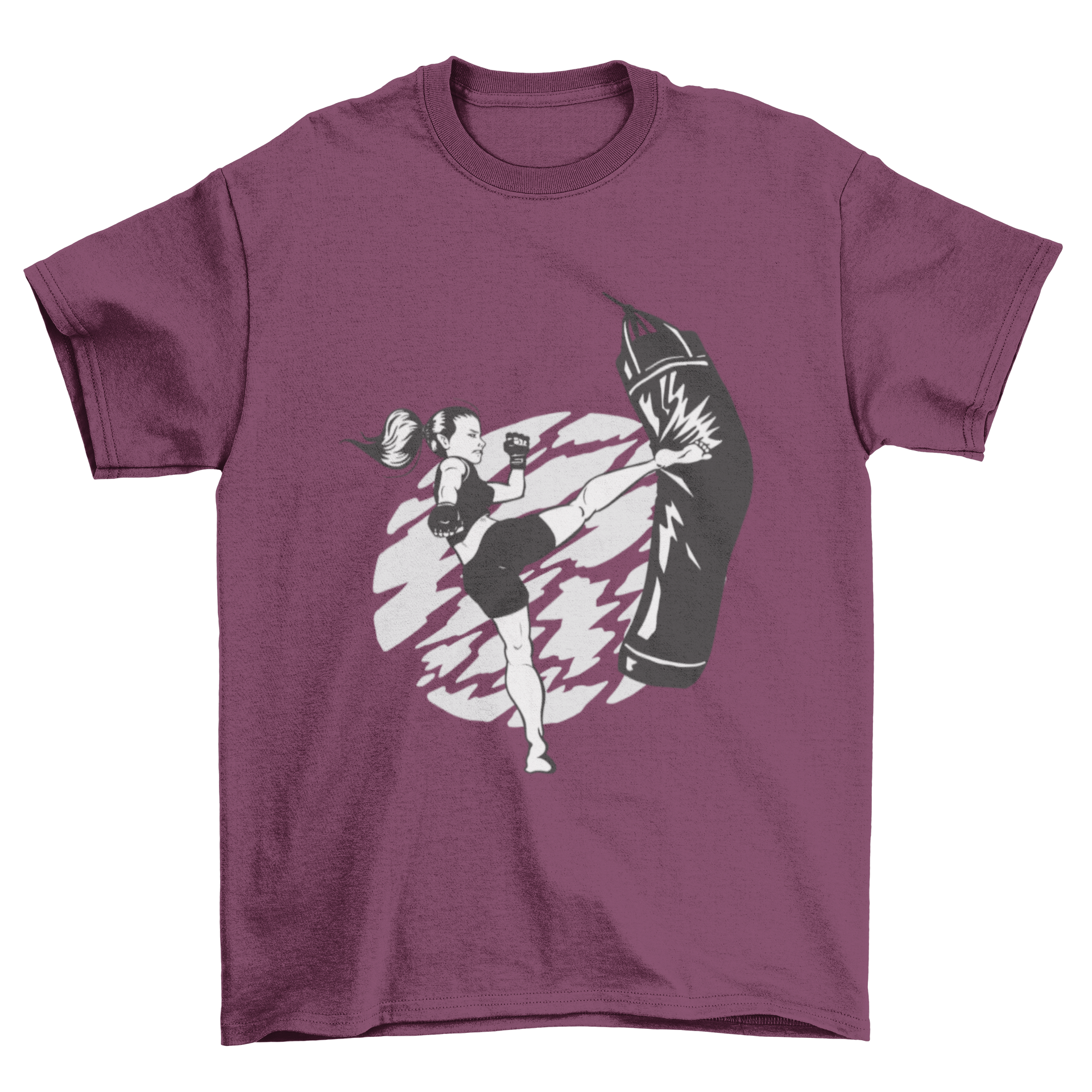 A woman performing a high kick against a punching bag, featured on a stylish t-shirt.