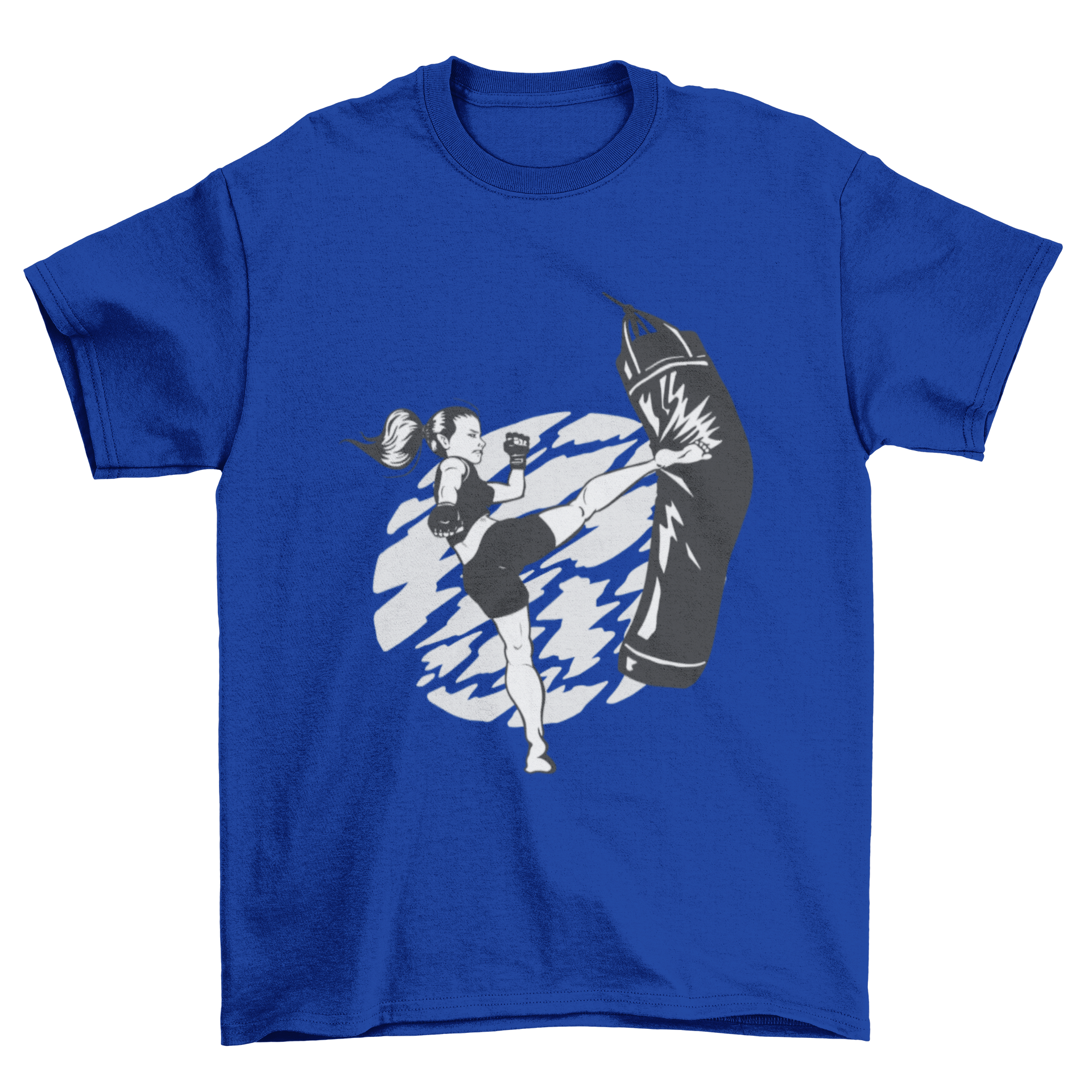 A woman performing a high kick against a punching bag, featured on a stylish t-shirt.
