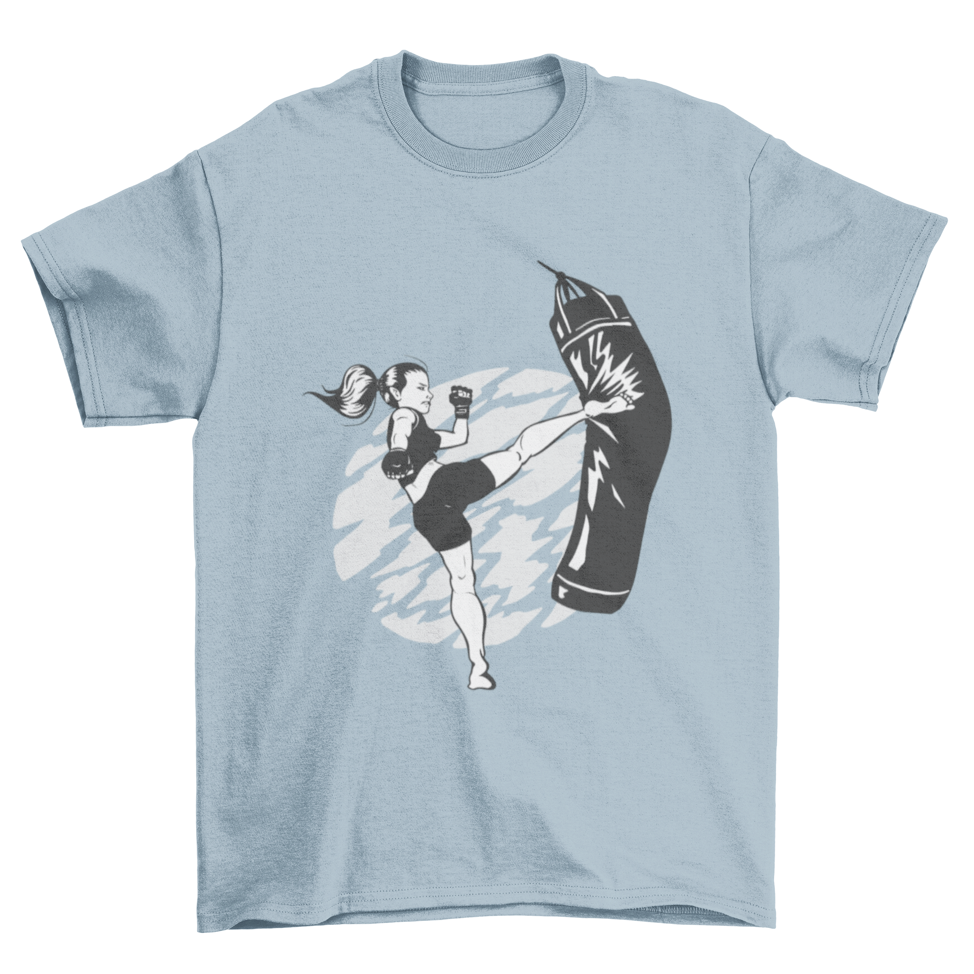 A woman performing a high kick against a punching bag, featured on a stylish t-shirt.