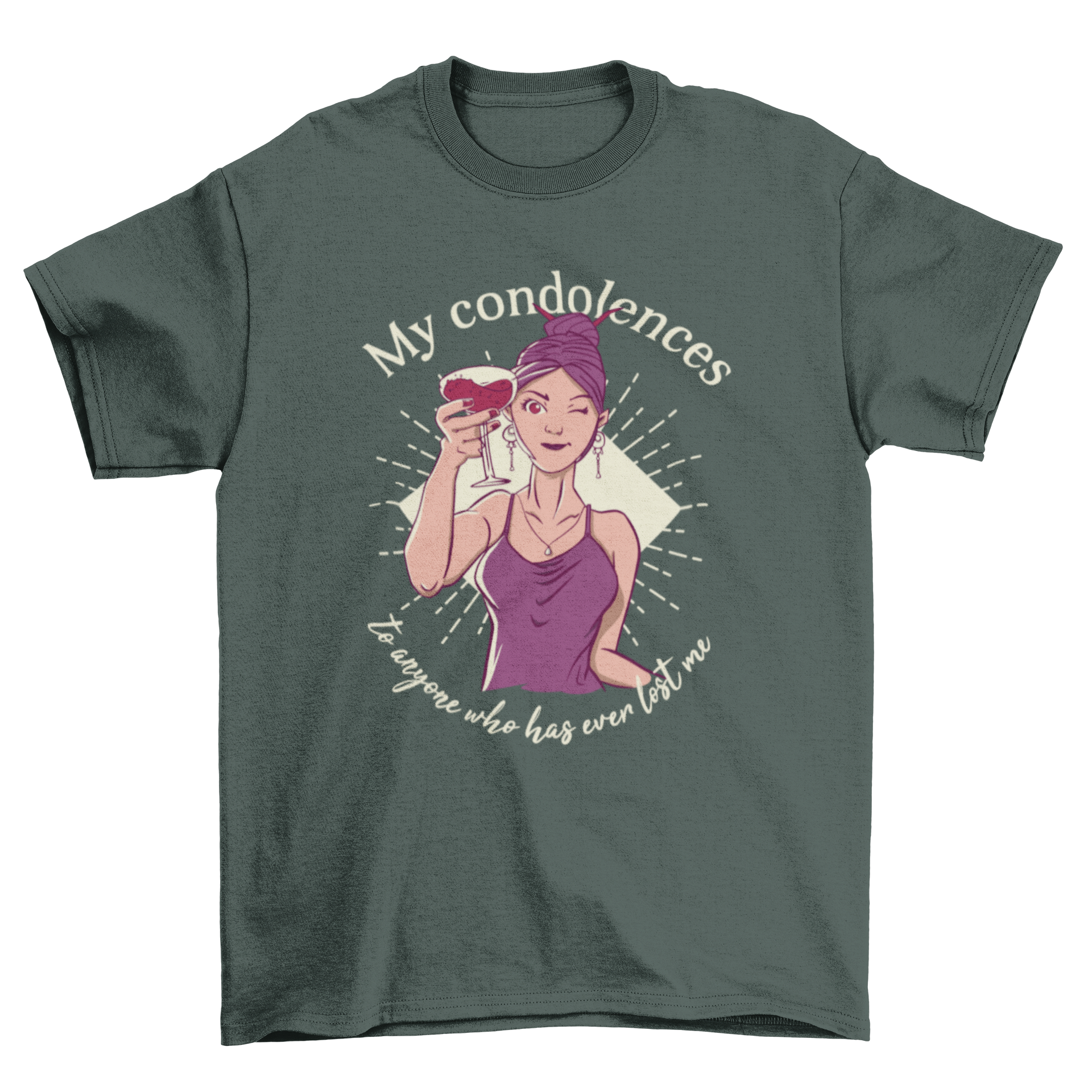 A stylish t-shirt featuring a young woman in purple toasting with a wine glass, accompanied by a humorous quote.