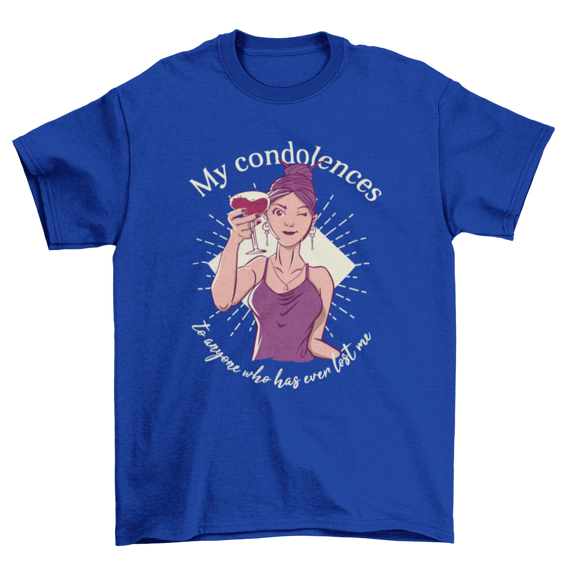 A stylish t-shirt featuring a young woman in purple toasting with a wine glass, accompanied by a humorous quote.