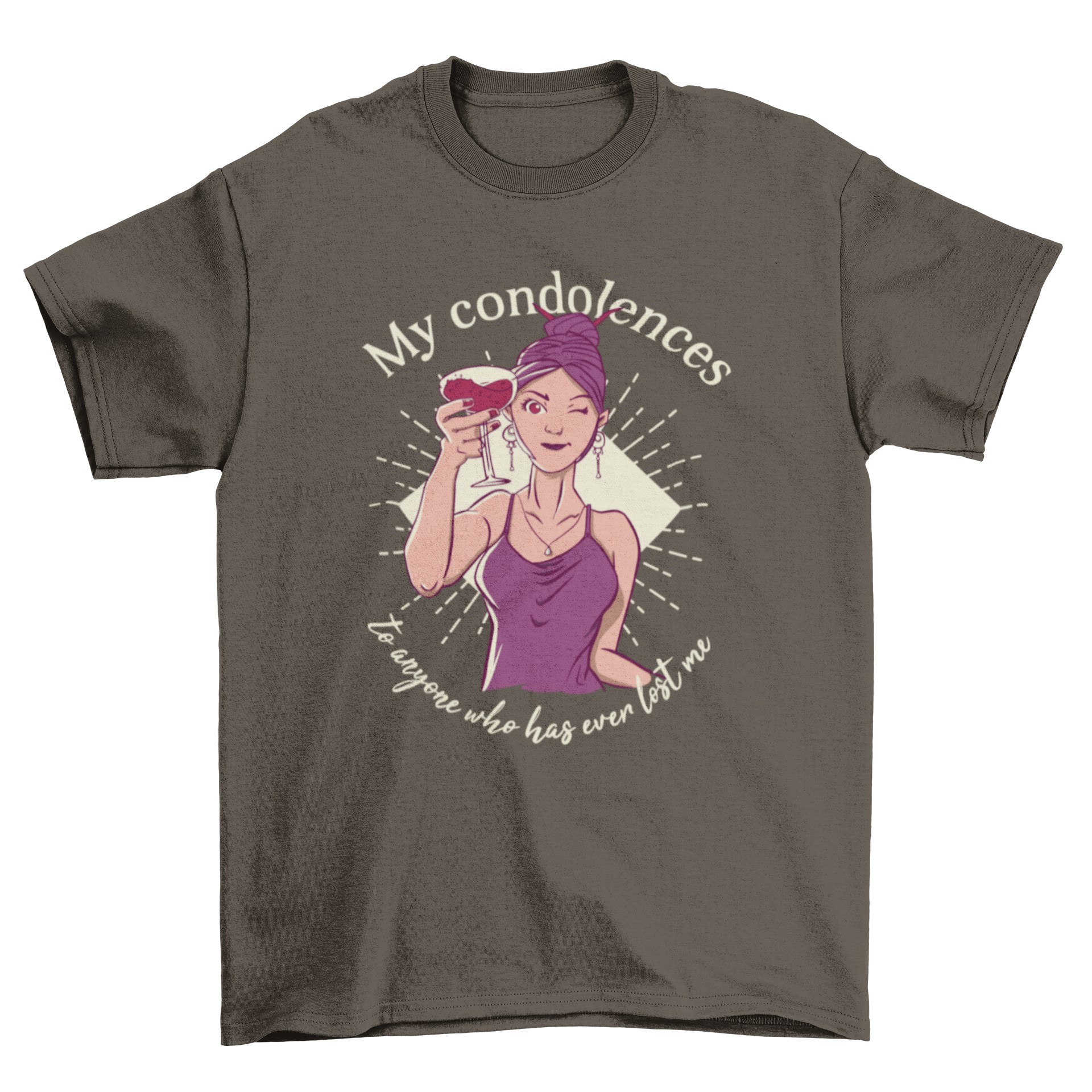 A stylish t-shirt featuring a young woman in purple toasting with a wine glass, accompanied by a humorous quote.