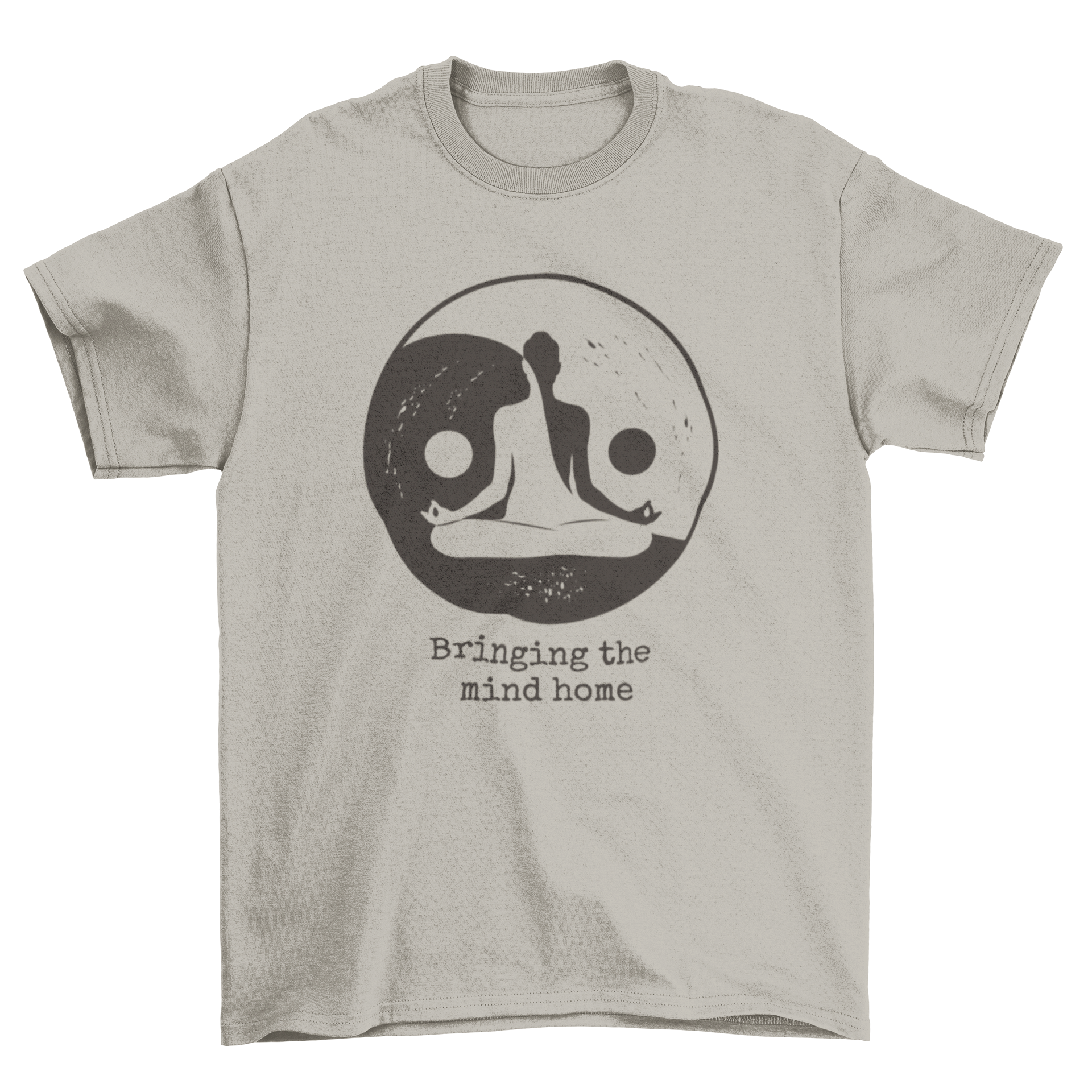 A woman meditating inside a yin yang symbol on a t-shirt, with the quote 'Bringing the mind home' elegantly displayed.