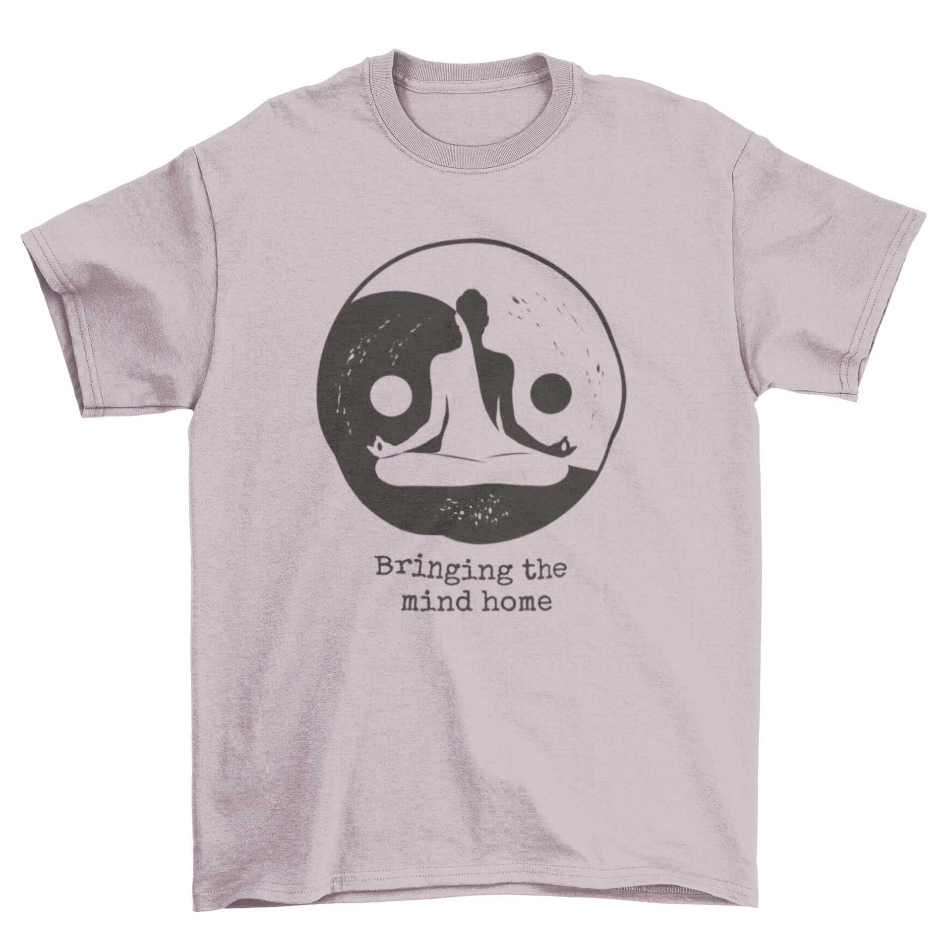 A woman meditating inside a yin yang symbol on a t-shirt, with the quote 'Bringing the mind home' elegantly displayed.