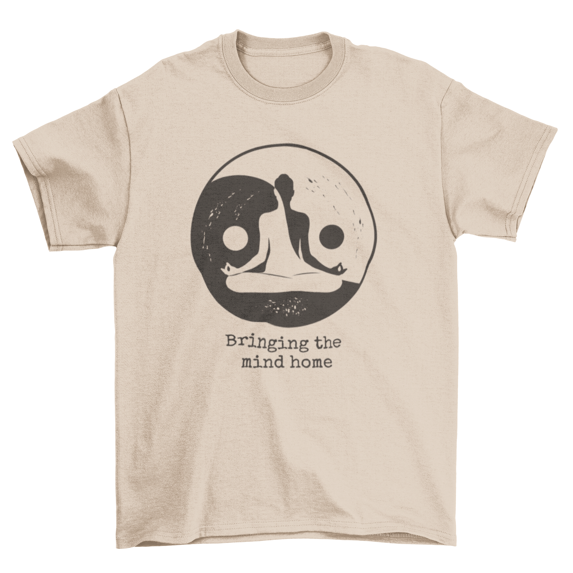 A woman meditating inside a yin yang symbol on a t-shirt, with the quote 'Bringing the mind home' elegantly displayed.