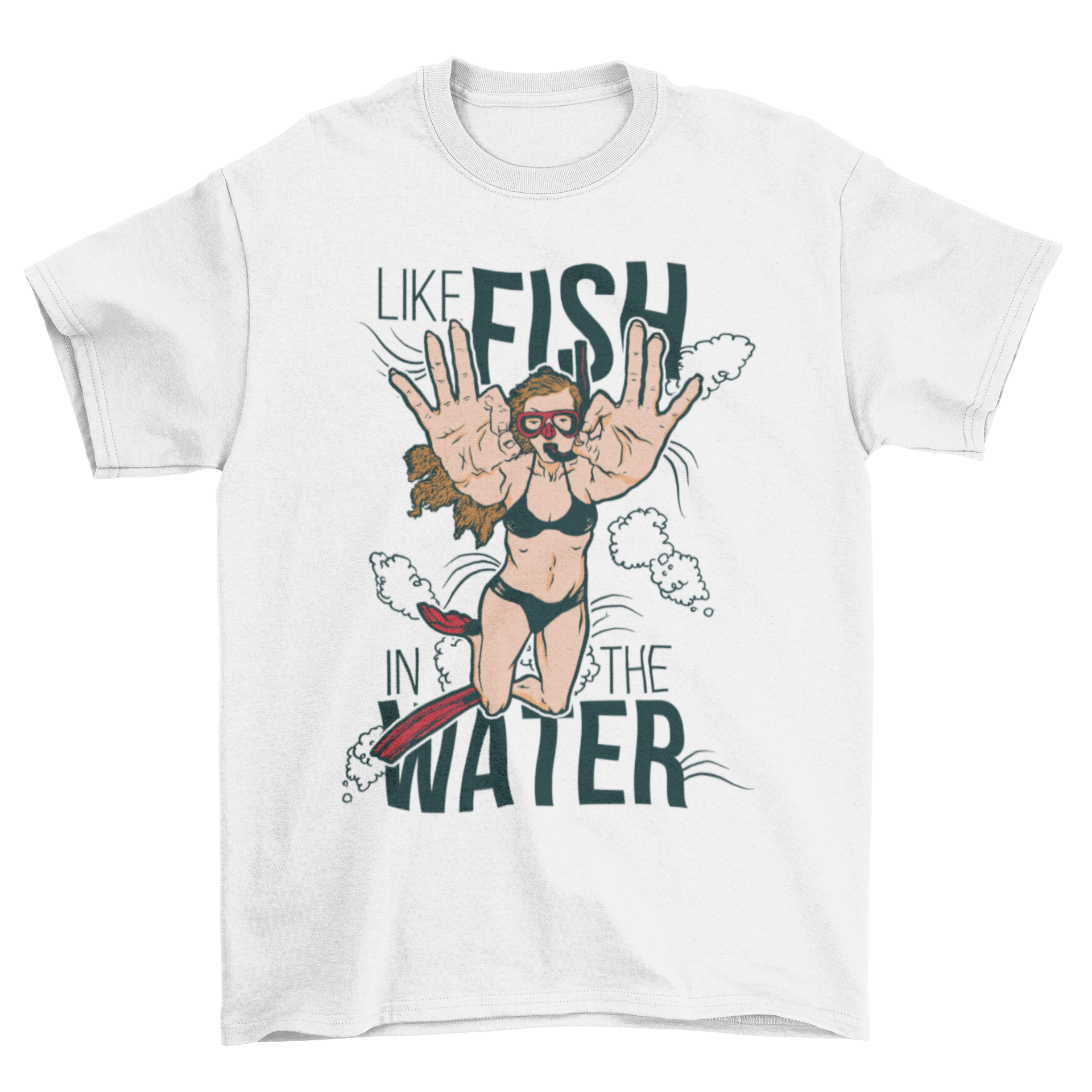 Woman wearing a t-shirt with ocean swimming design and quote, enjoying the beach.