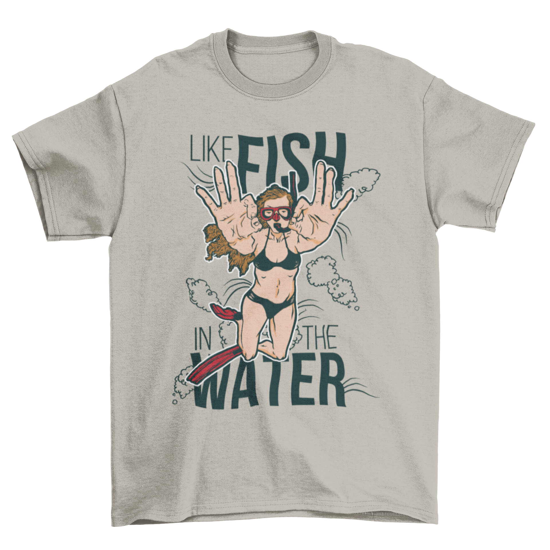 Woman wearing a t-shirt with ocean swimming design and quote, enjoying the beach.