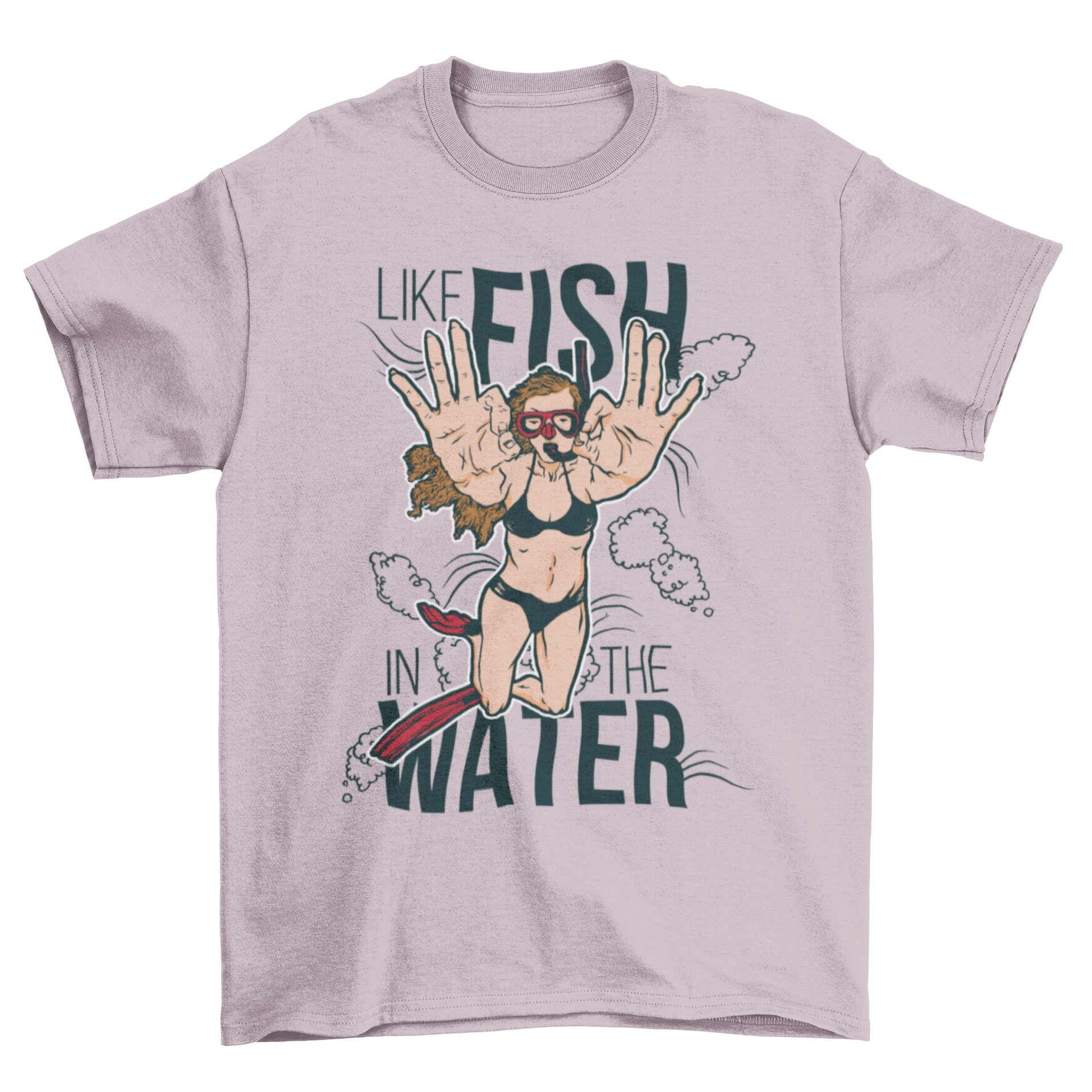 Woman wearing a t-shirt with ocean swimming design and quote, enjoying the beach.