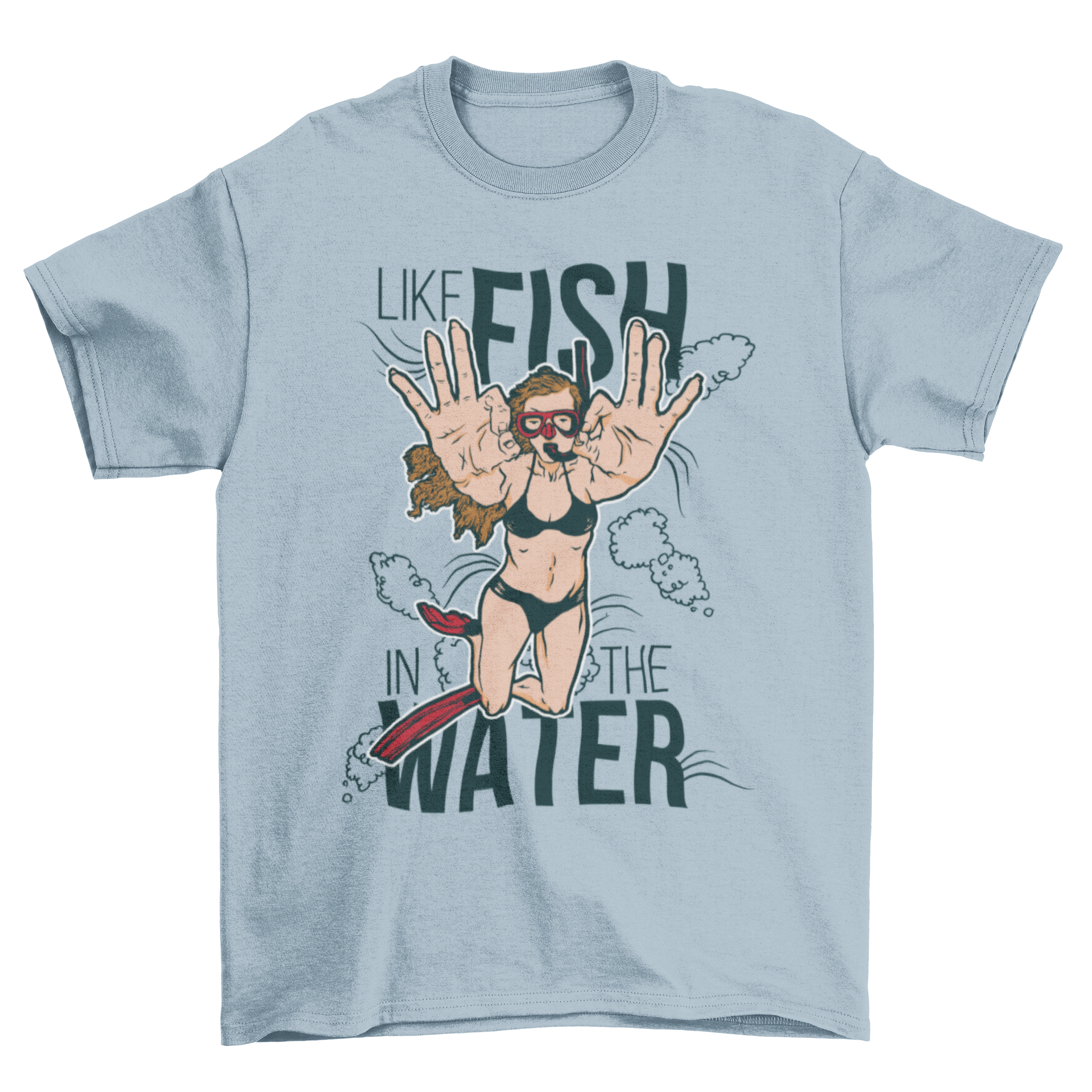 Woman wearing a t-shirt with ocean swimming design and quote, enjoying the beach.