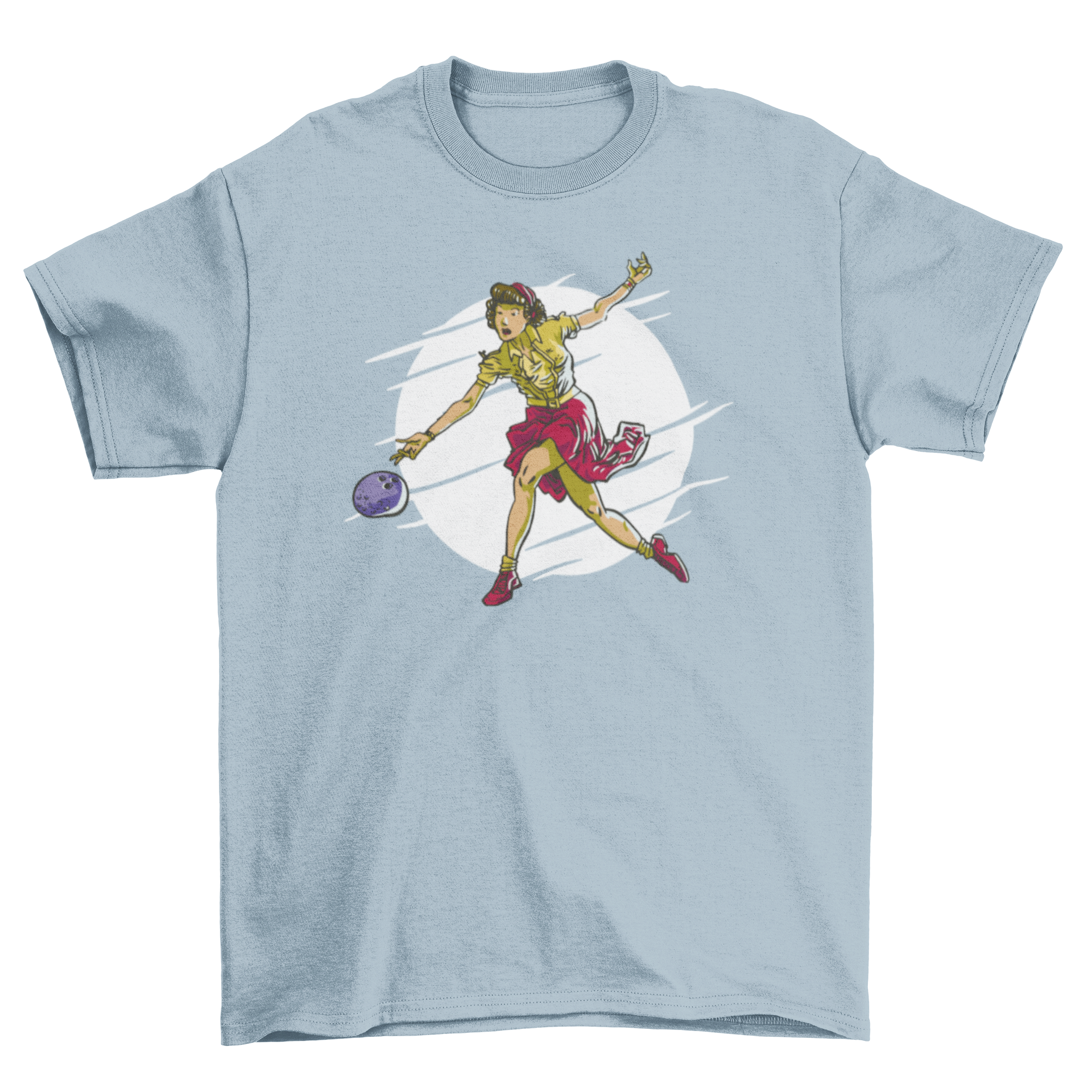 A stylish t-shirt featuring a graphic of a woman playing bowling, showcasing vibrant colors and a modern design.