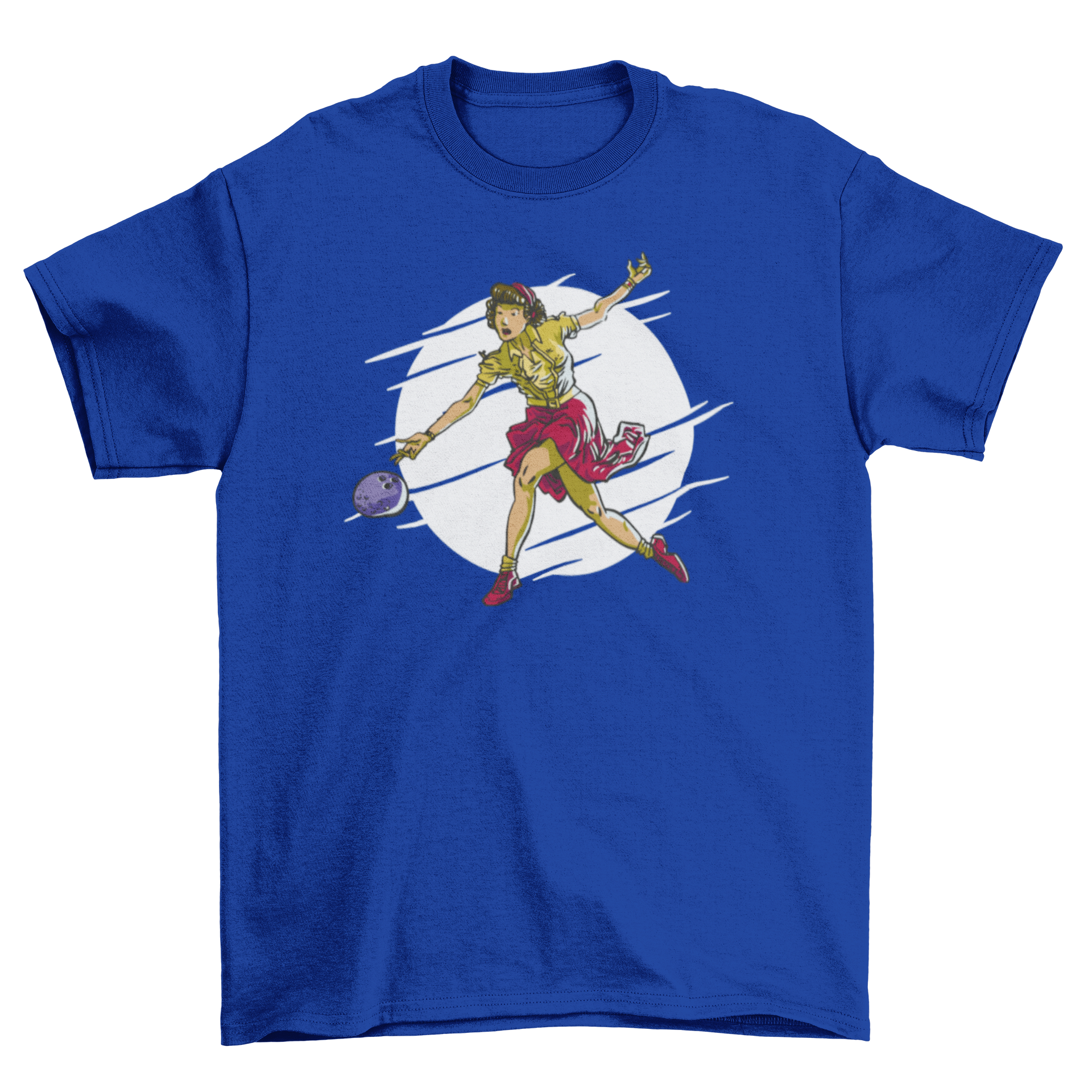 A stylish t-shirt featuring a graphic of a woman playing bowling, showcasing vibrant colors and a modern design.