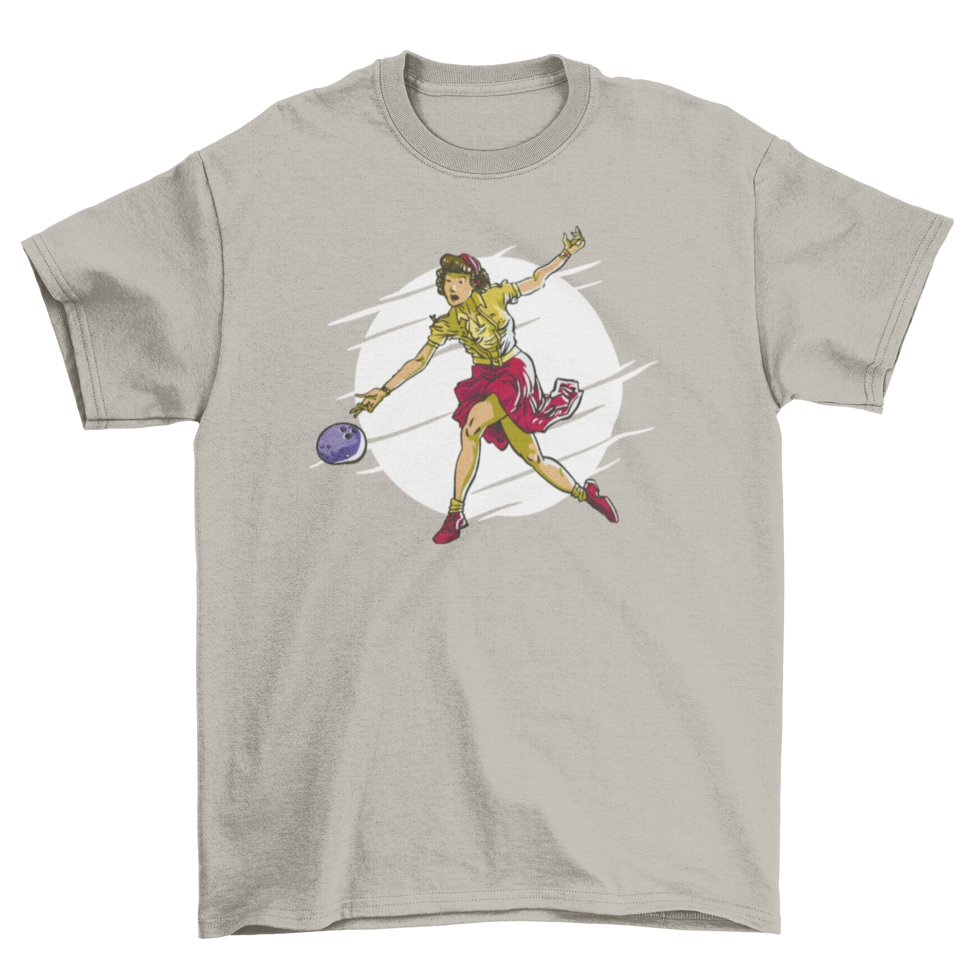 A stylish t-shirt featuring a graphic of a woman playing bowling, showcasing vibrant colors and a modern design.